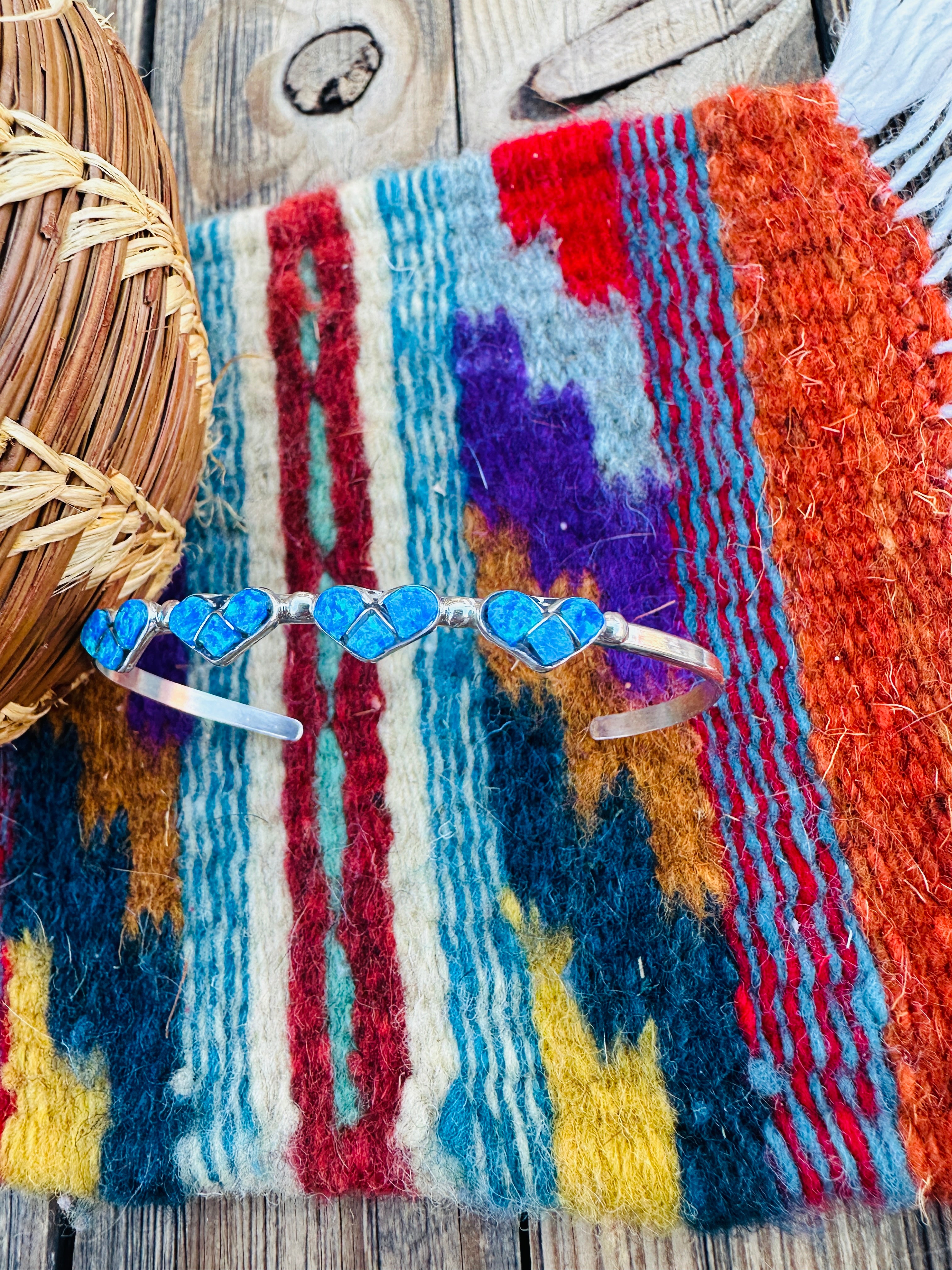 Handcrafted Sterling Silver & Blue Opal Heart Inlay Cuff Bracelet