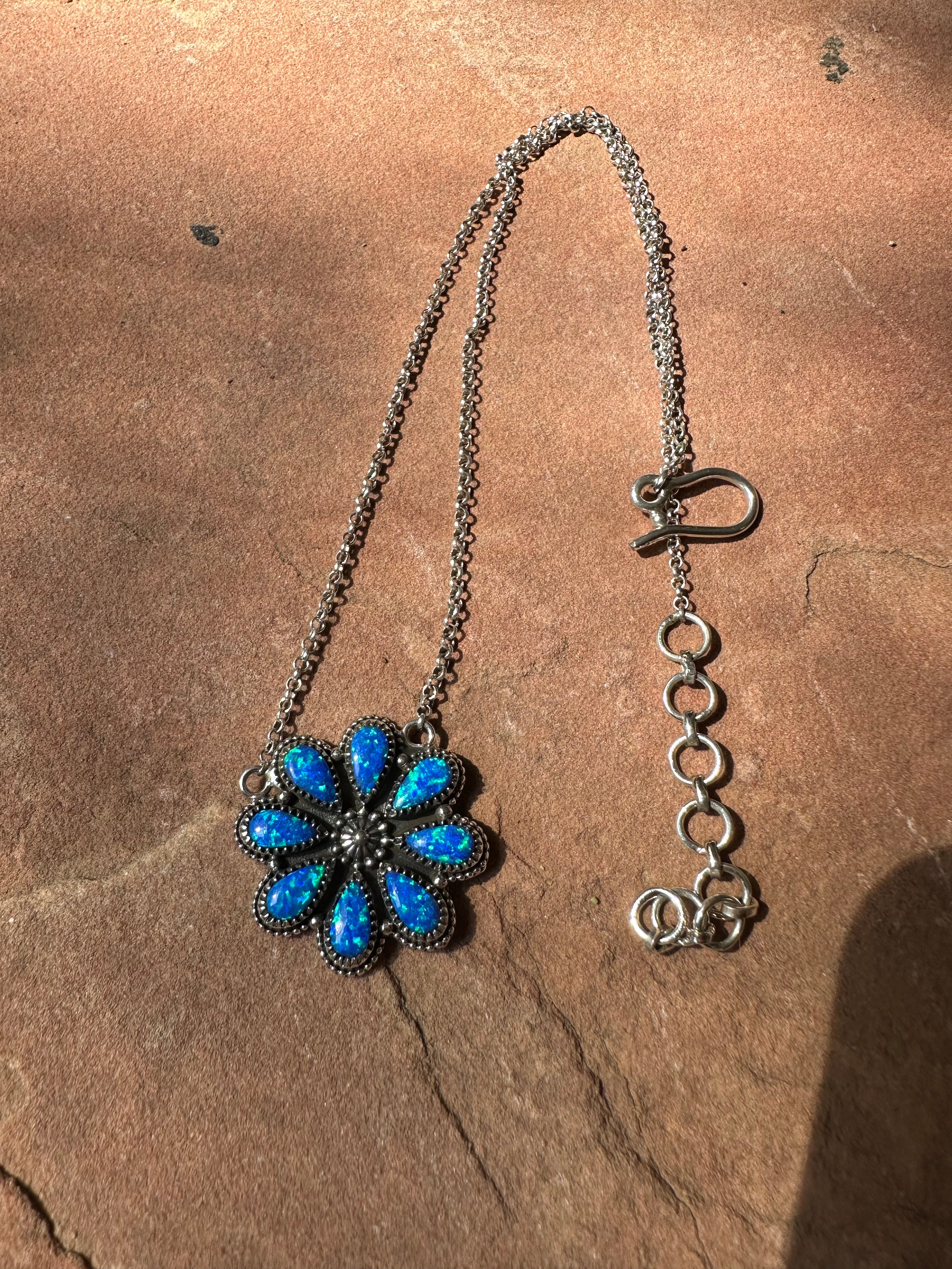 Beautiful Handmade Sterling Silver & Blue Fire Opal Cluster Necklace