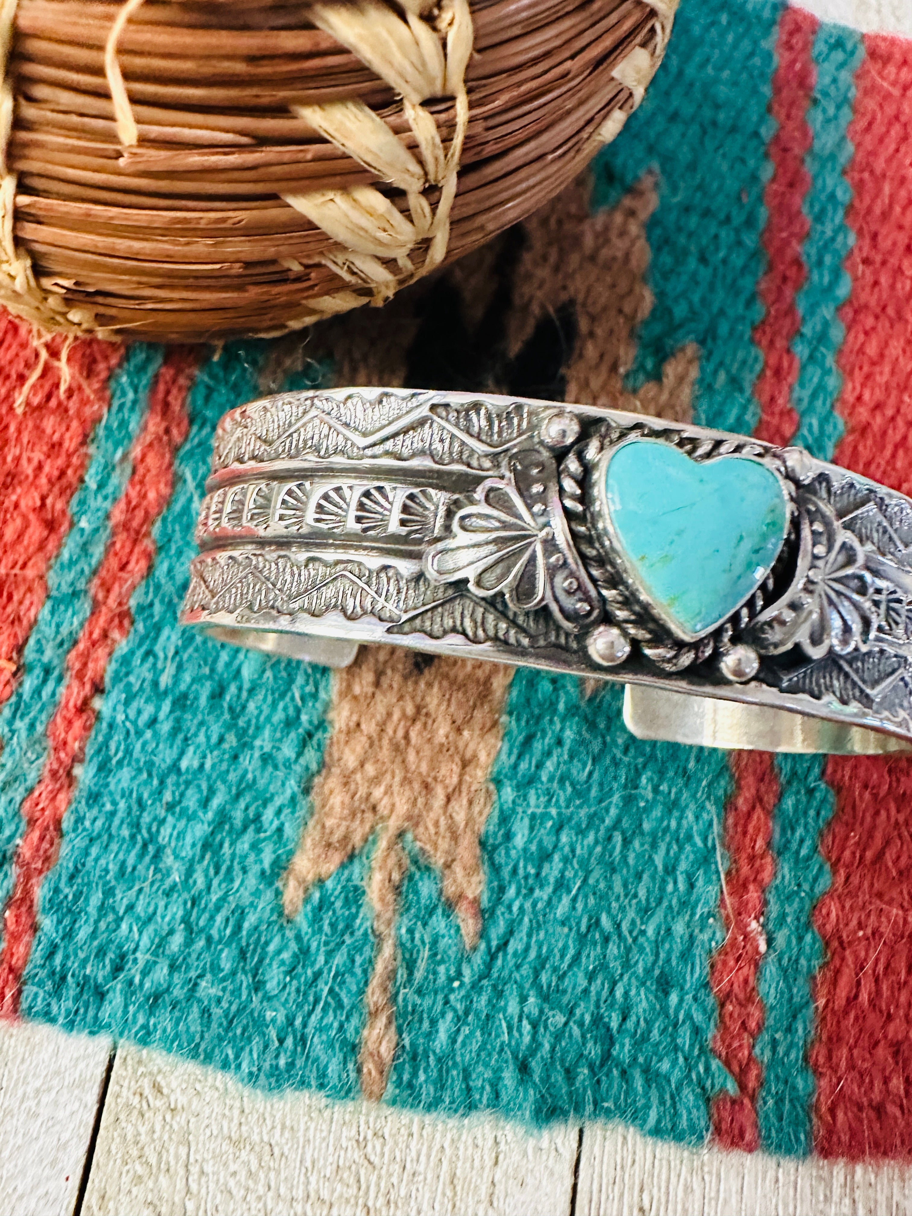 Handcrafted Turquoise & Sterling Silver Heart Cuff Bracelet by Sunshine Reeves
