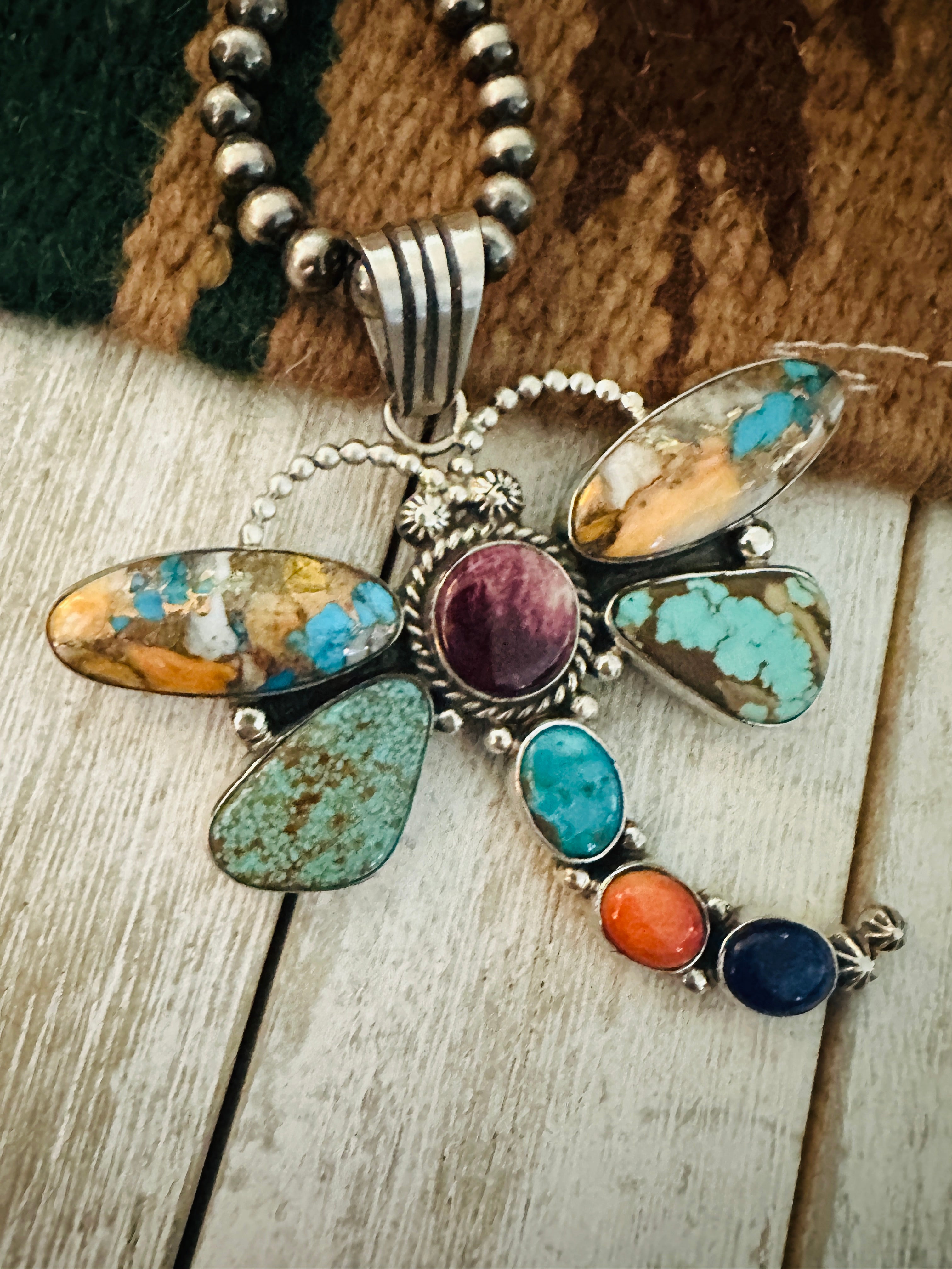 Navajo Multi Stone & Sterling Silver Dragonfly Pendant