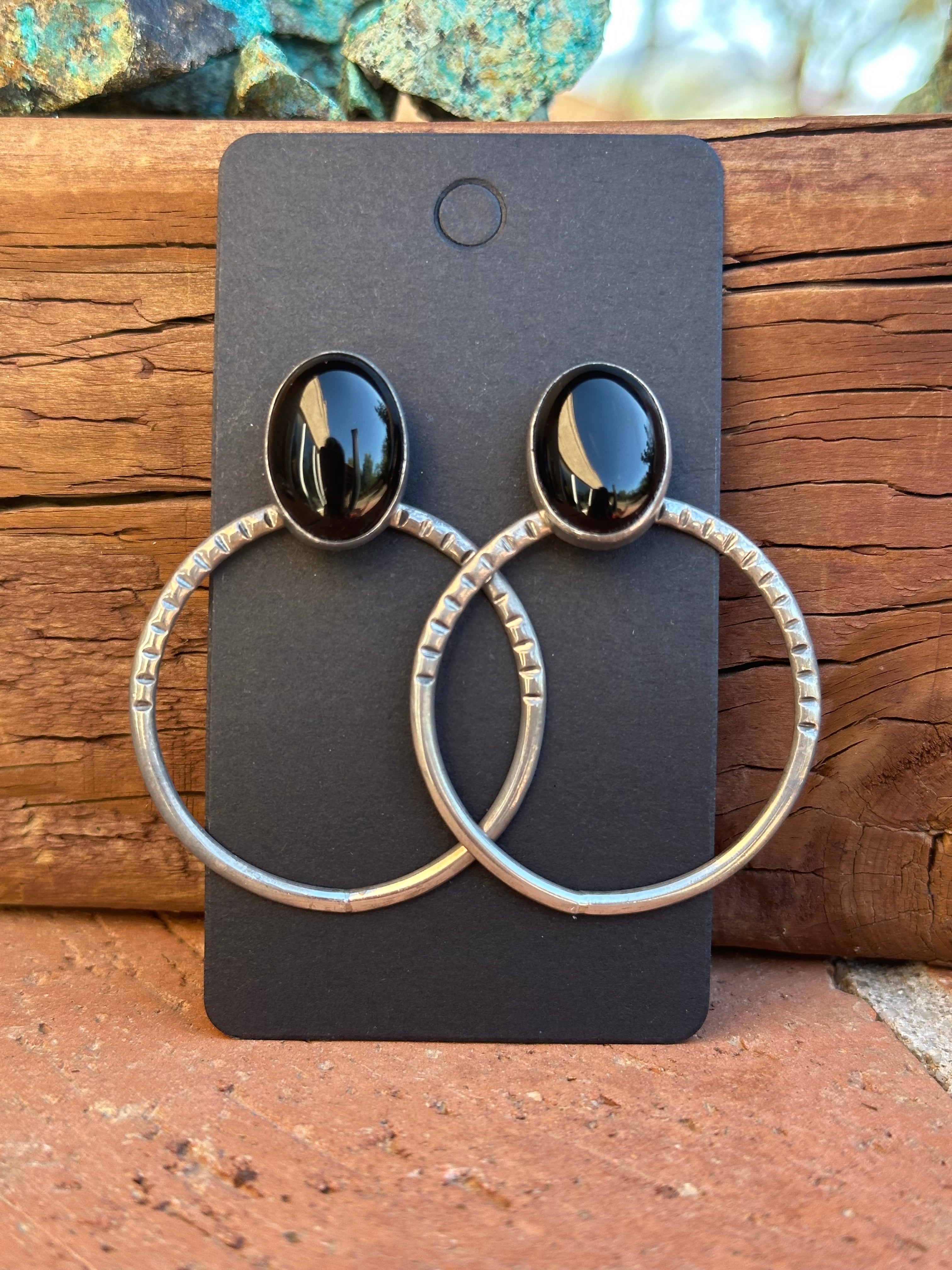 Navajo Sterling Silver & Black Onyx Post Hoop Earrings