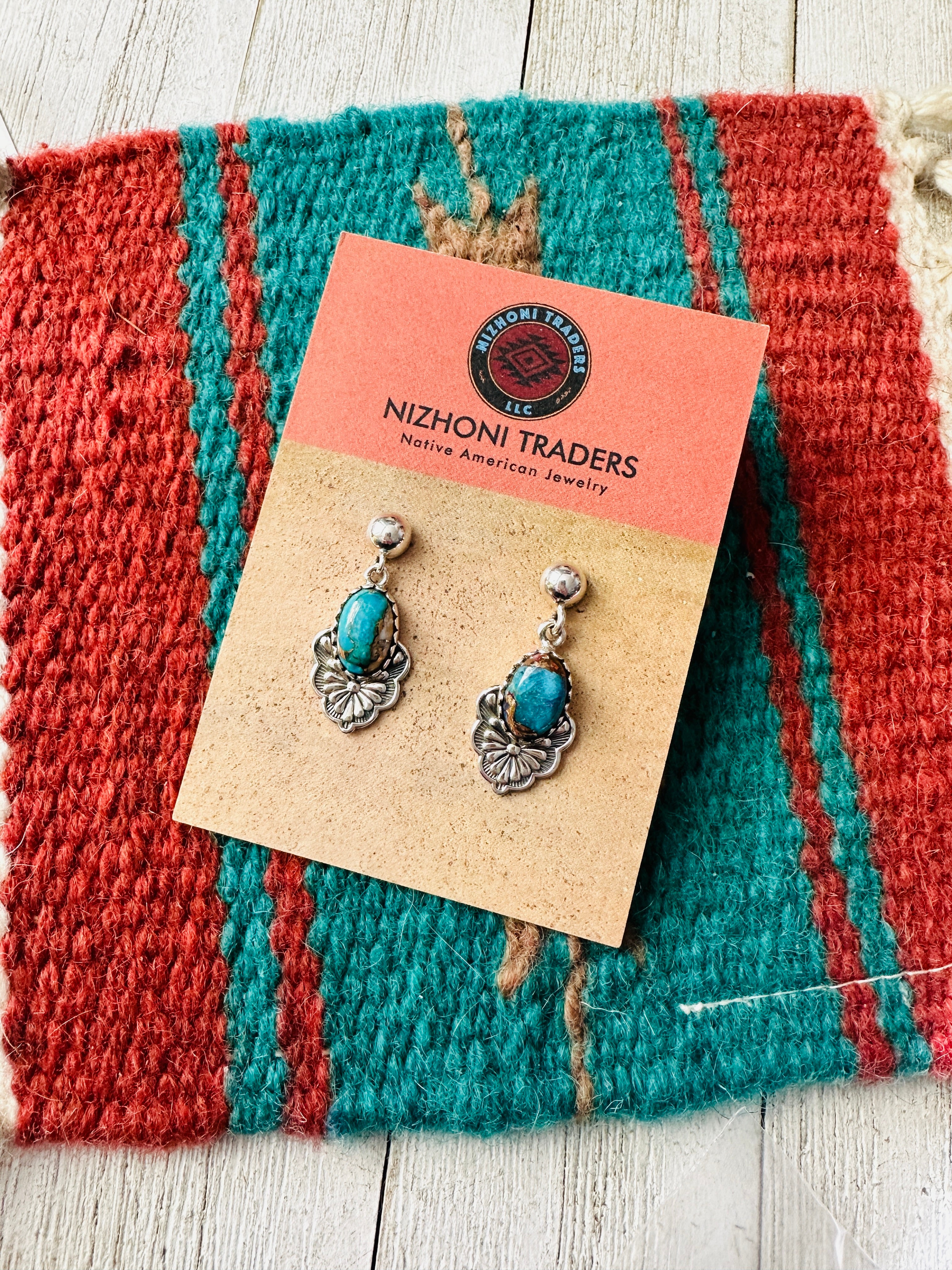 Handmade Turquoise Mojave & Sterling Silver Dangle Earrings Signed Nizhoni