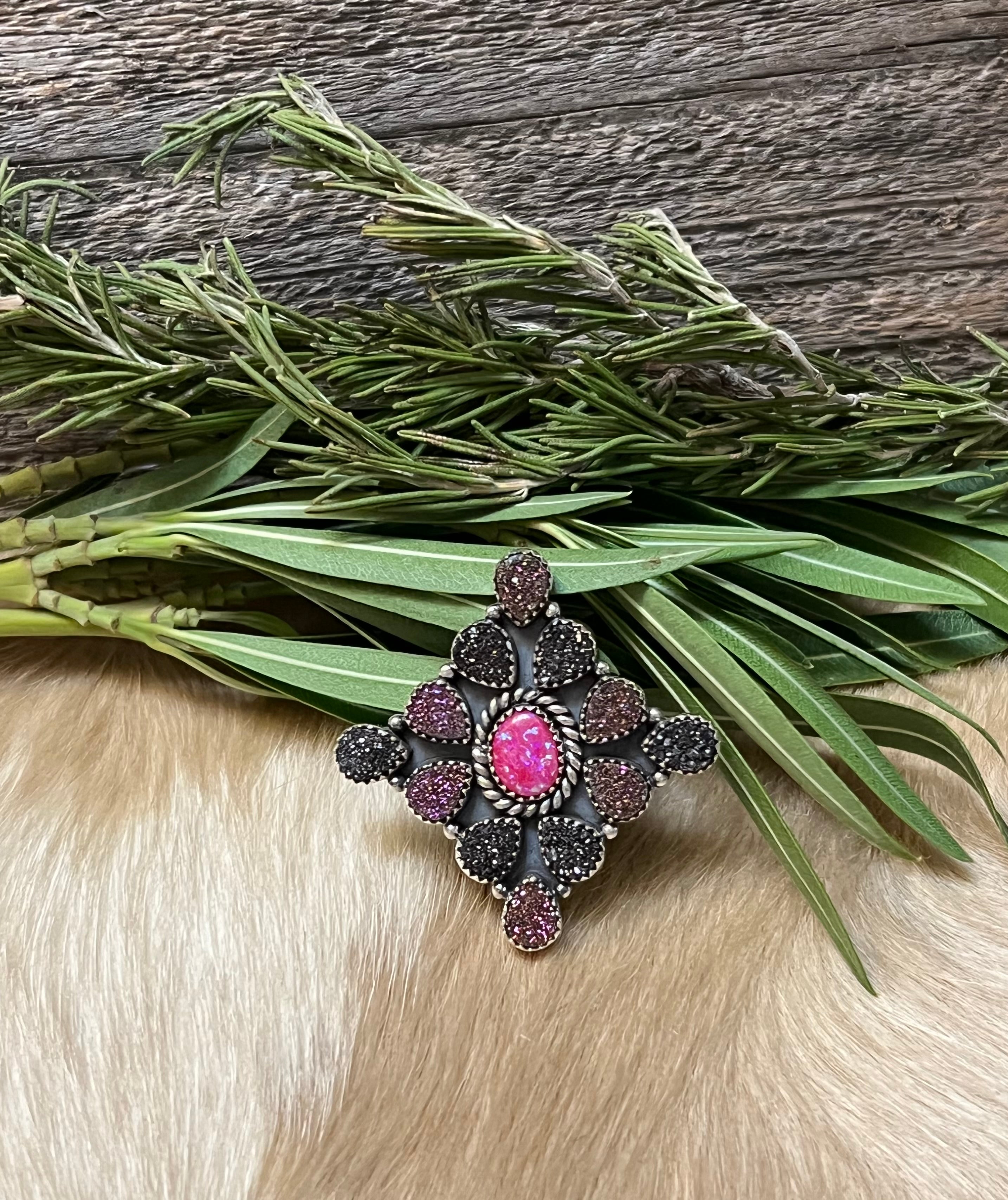 Handmade Pink Opal With Black & Purple Druzy Sterling Silver Adjustable Statement Ring