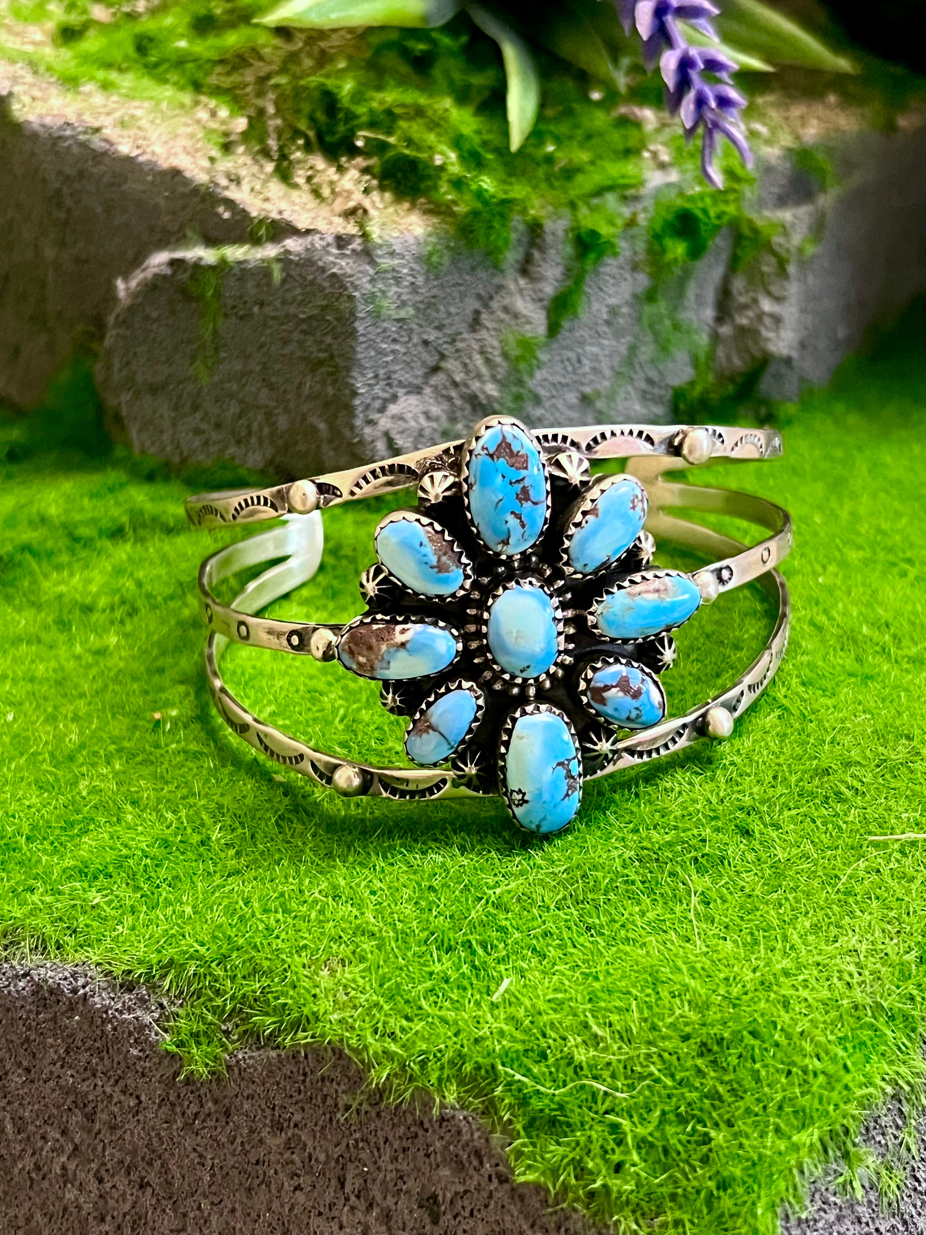 Handmade Golden Hills Turquoise Cluster Sterling Silver Cuff Bracelet (02)