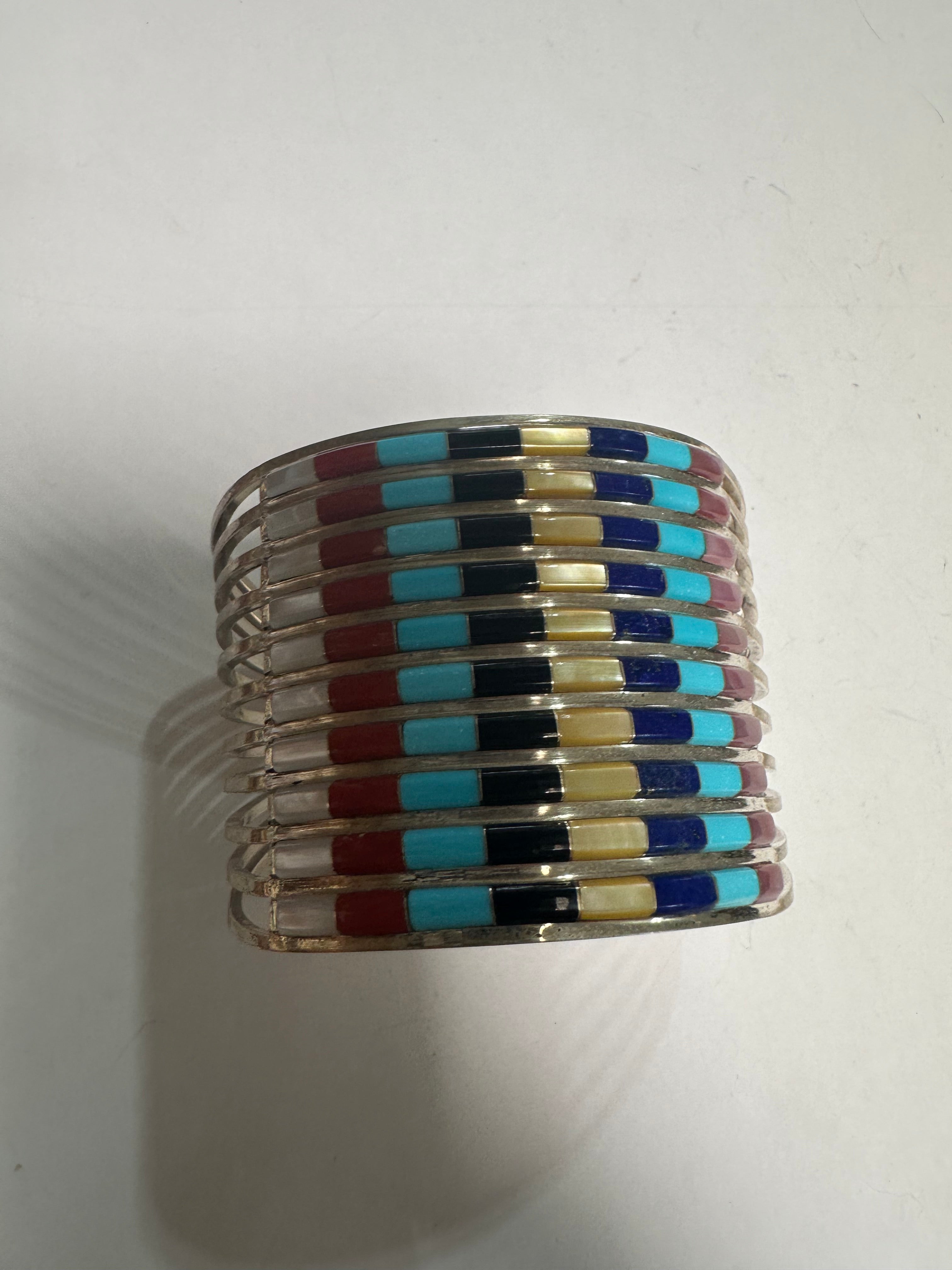 Navajo Multi Stone & Sterling Silver Inlay Cuff Bracelet Signed