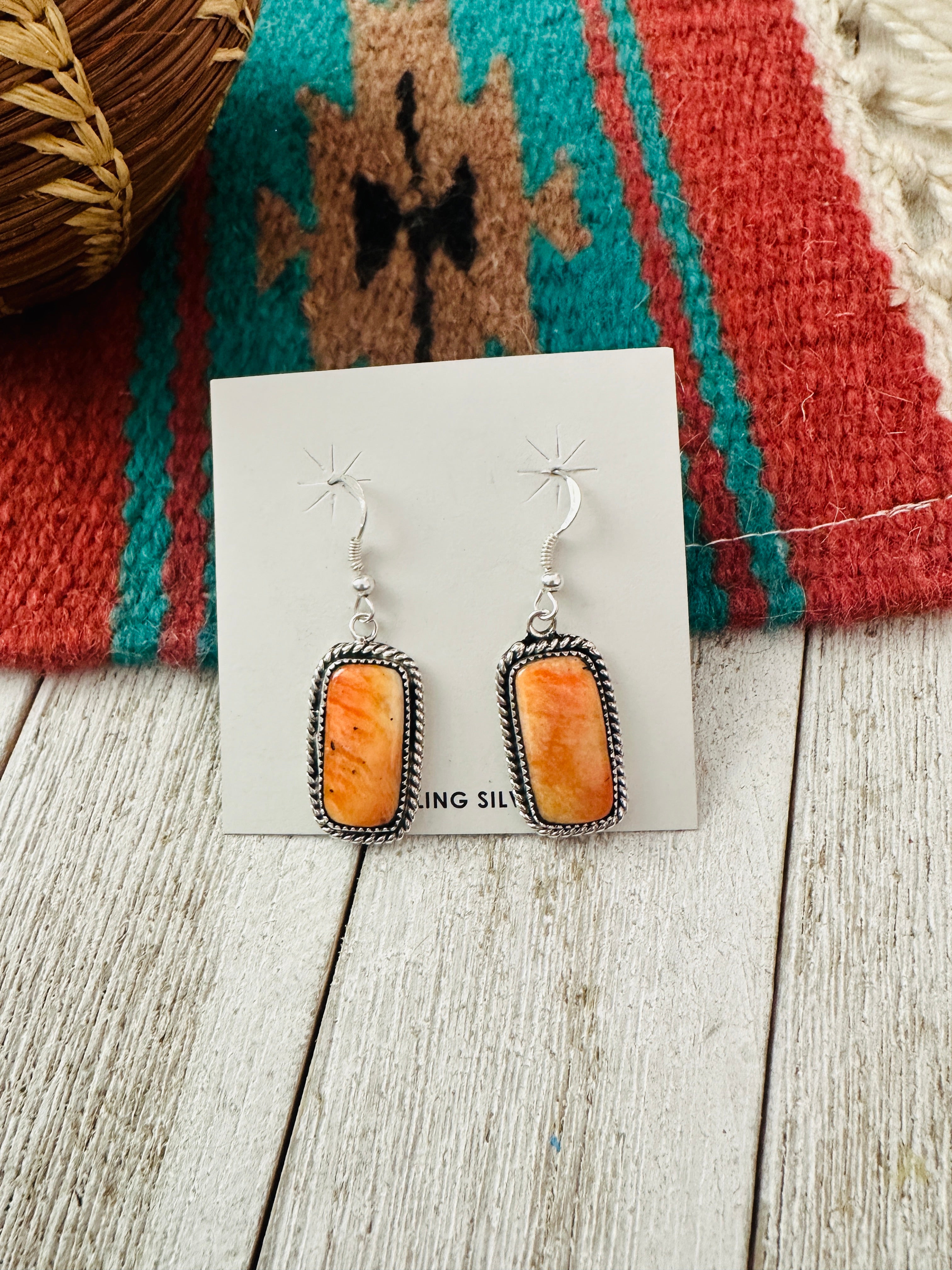 Navajo Orange Spiny and Sterling Silver Dangle Earrings