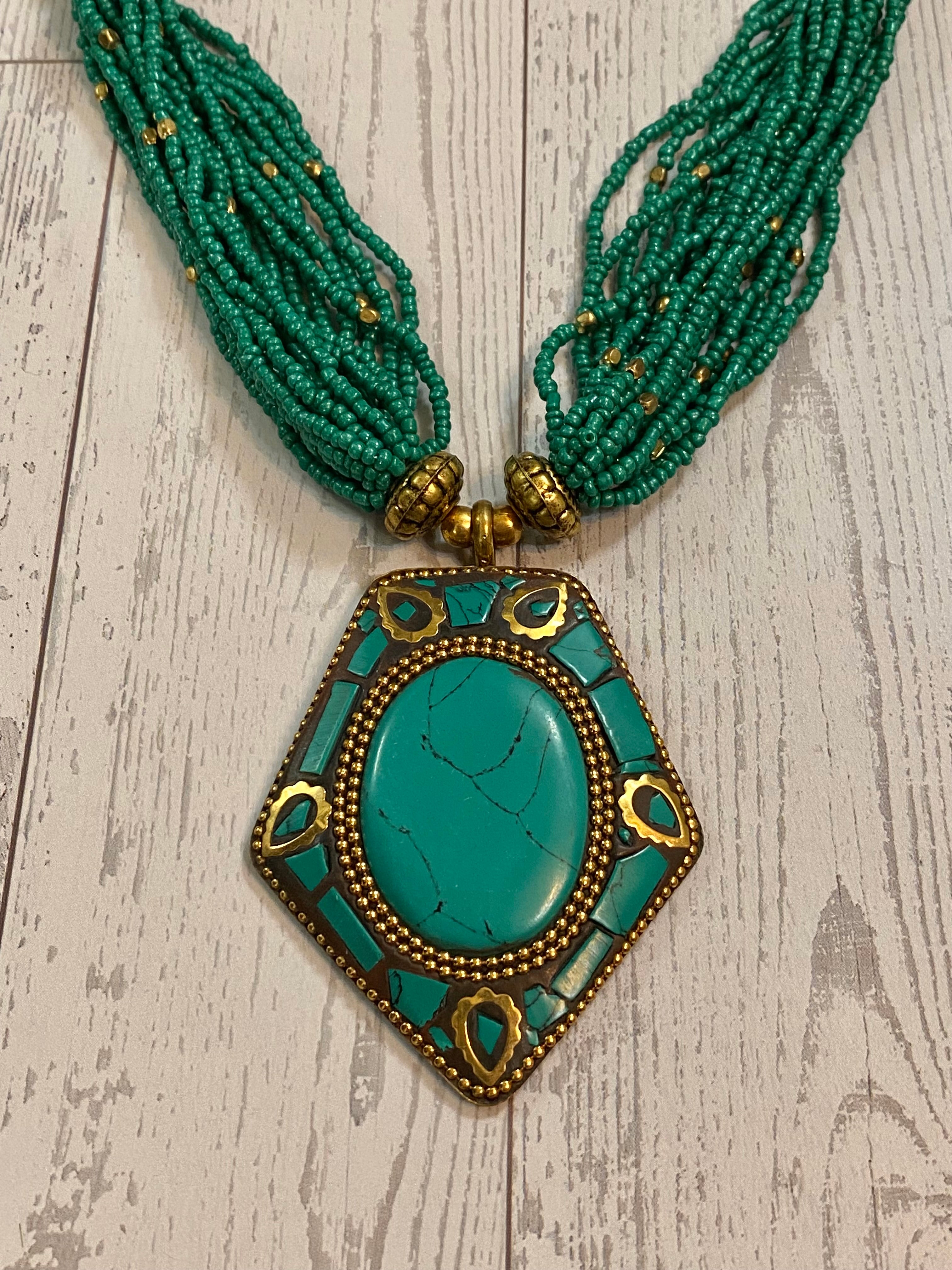 Gold Tone Bohemian Turquoise Colored Beaded Statement Necklace