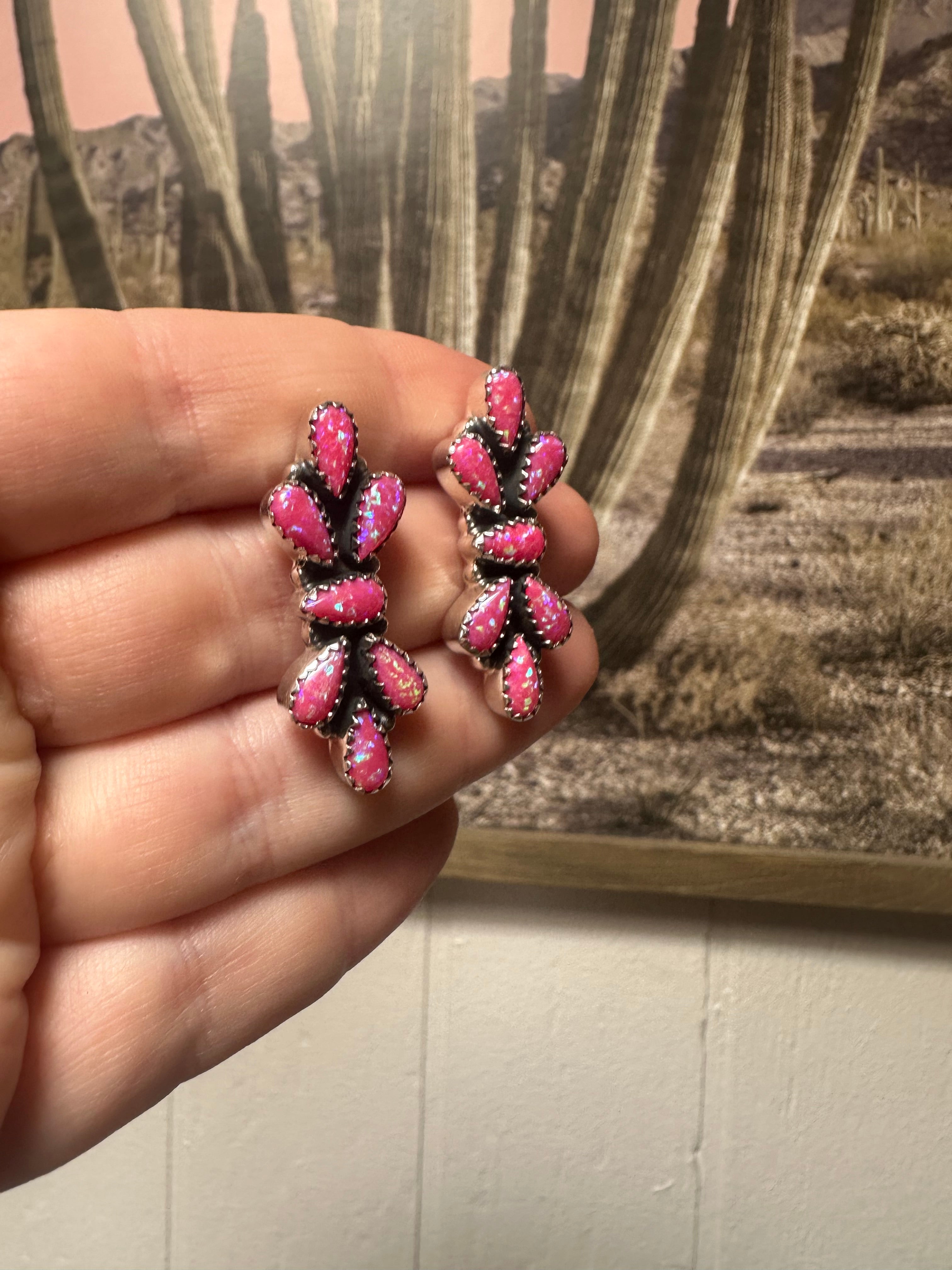 Handmade Sterling Silver & Hot Pink Fire Opal Post Earrings Signed Nizhoni