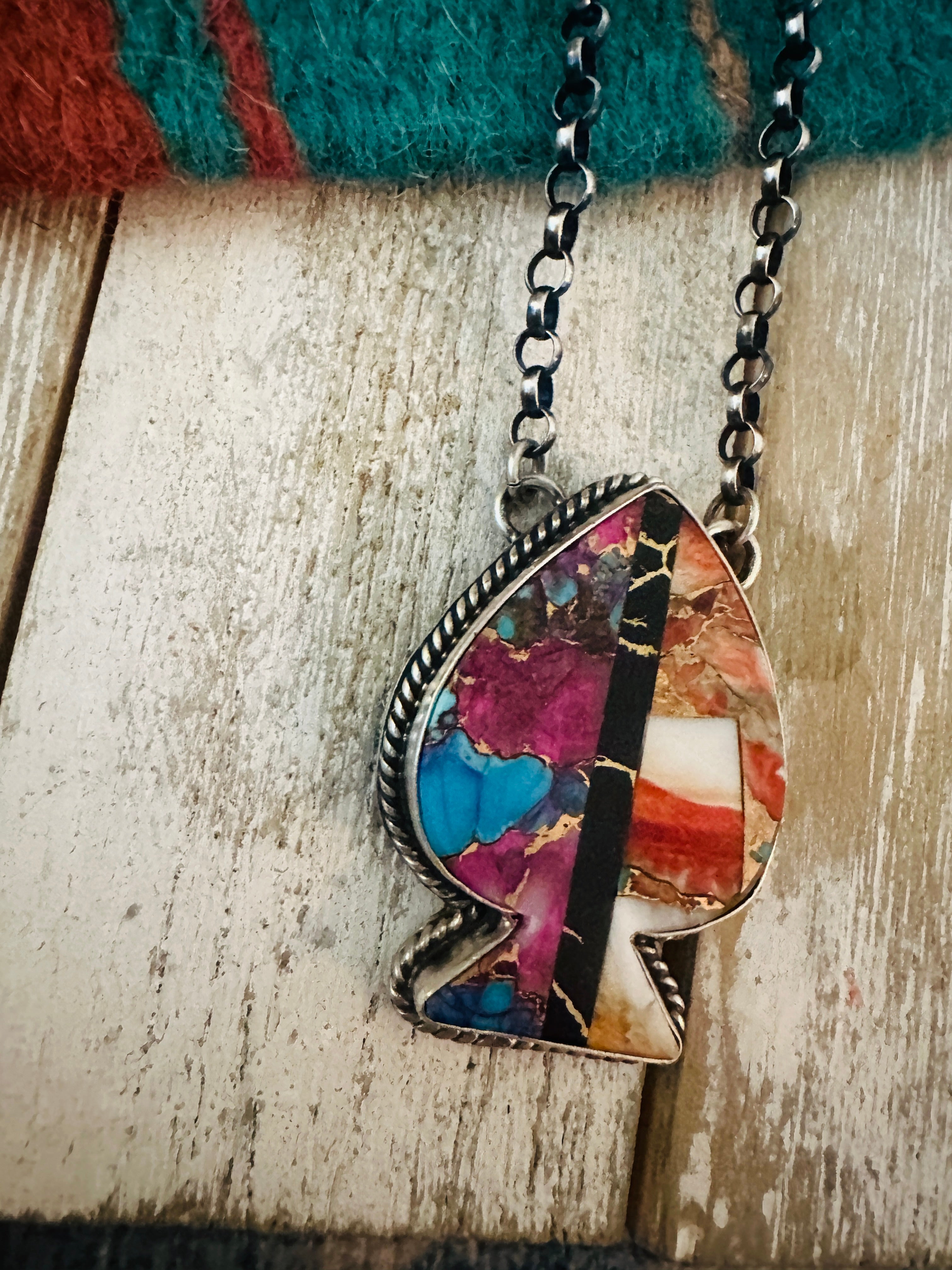 Navajo Sterling Silver & Multi Stone Inlay Spade Necklace