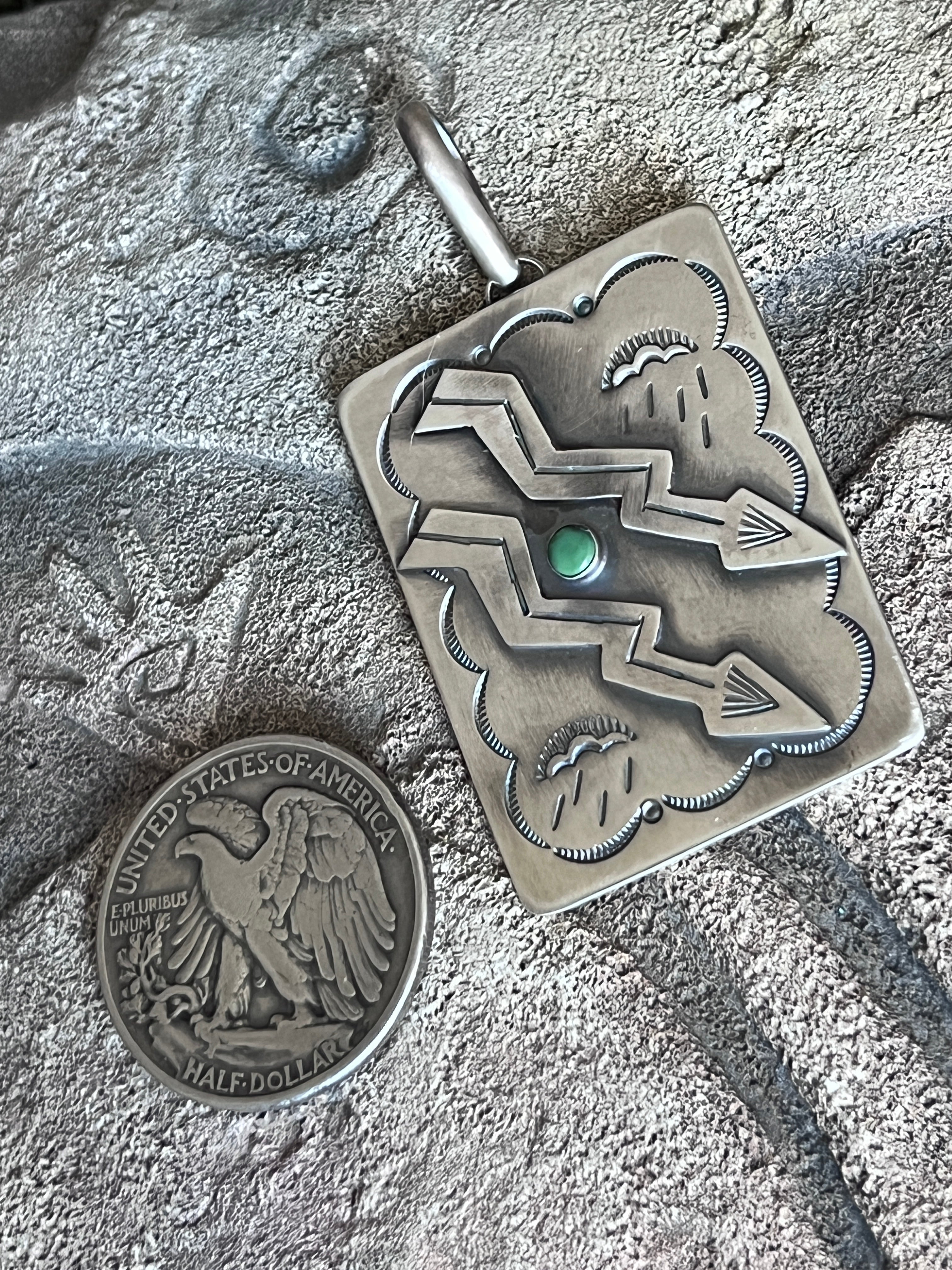 Hand Stamped Sterling Silver Fred Harvey Era Inspired Double Lightning Strike Tag Pendant by Kimari Somers