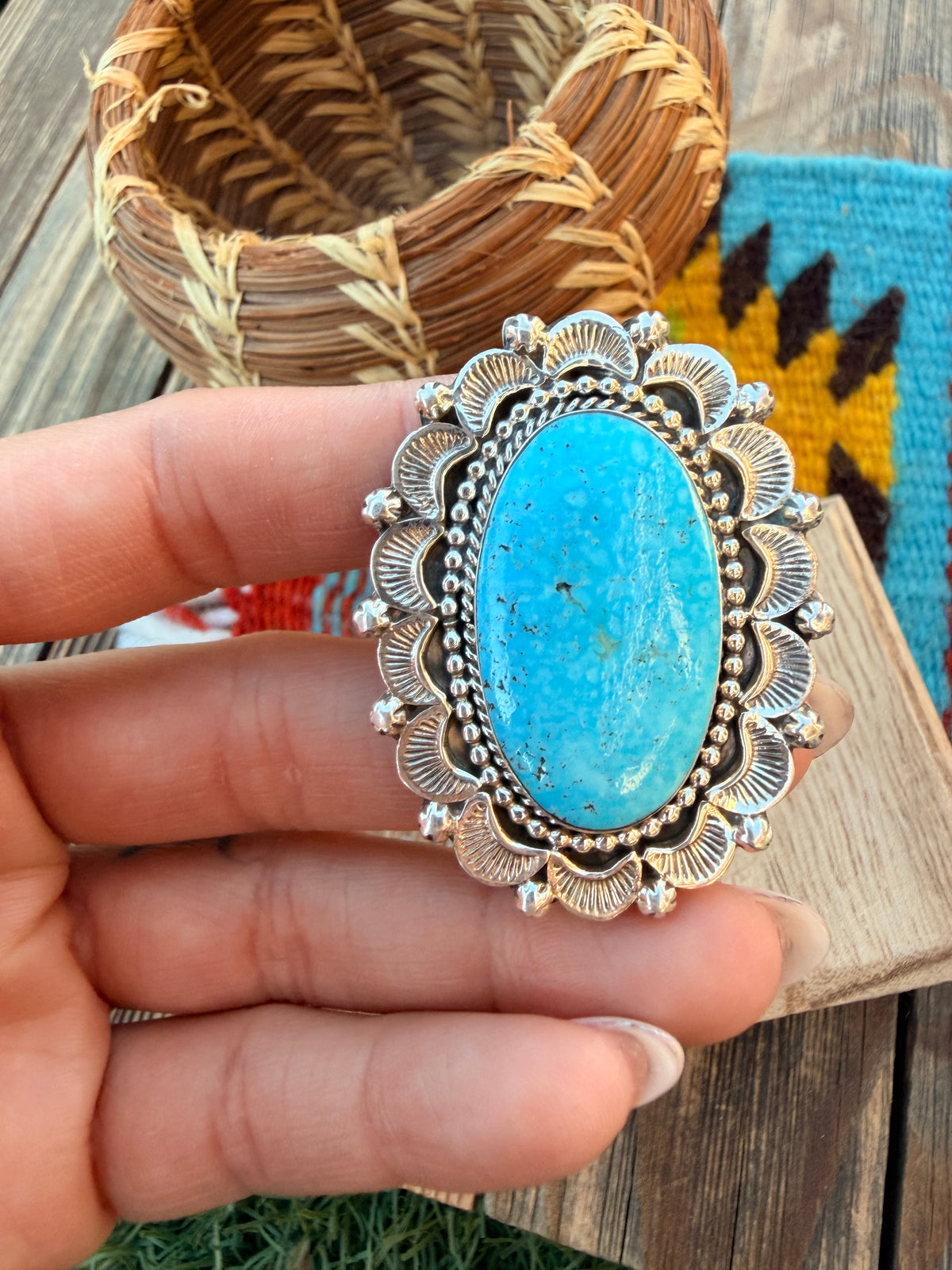 Old Pawn Handcrafted Turquoise & Sterling Silver Ring Size 9.5