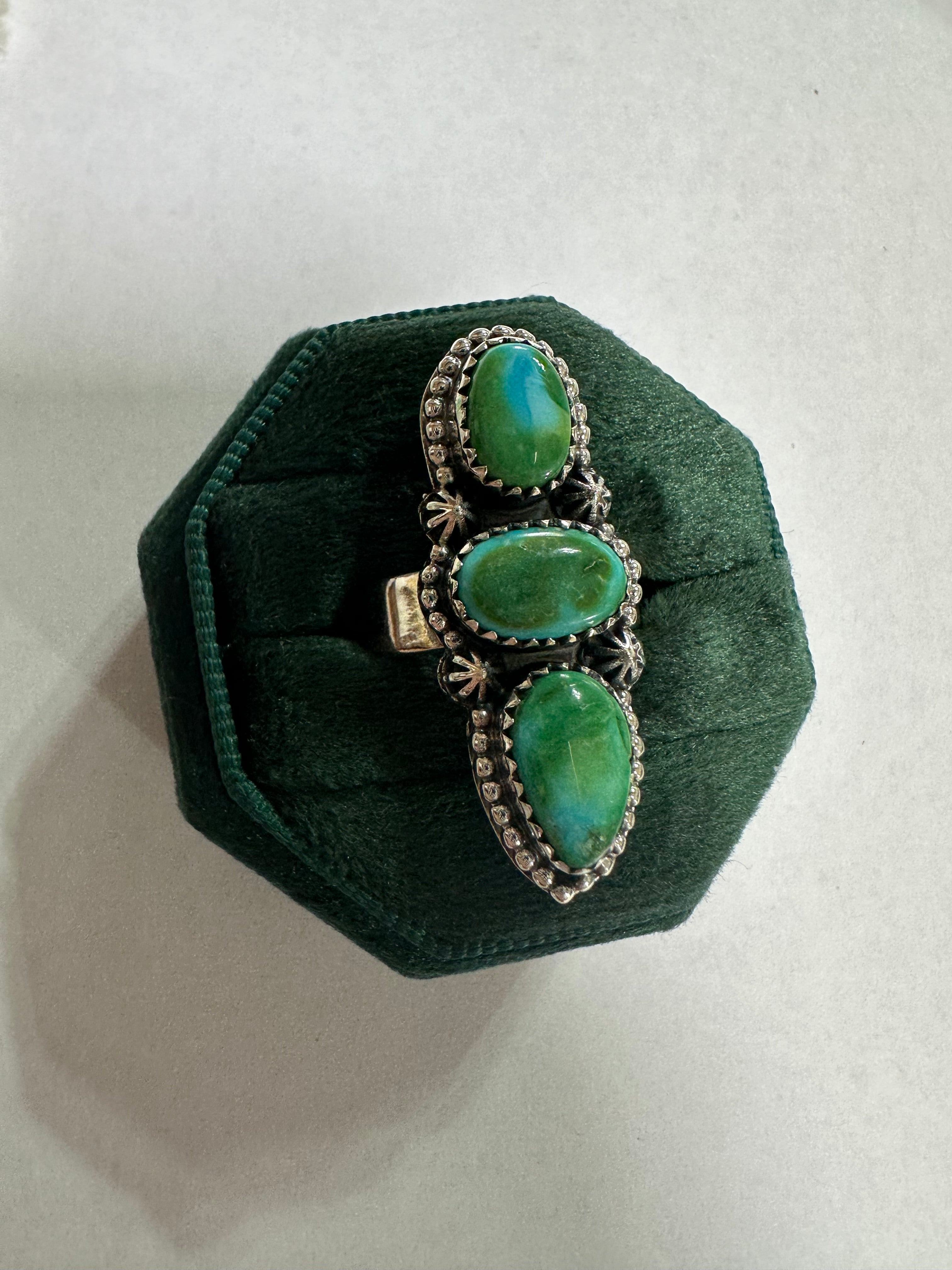 Beautiful Handmade Sonoran Gold Turquoise And Sterling Silver 3 Stone Ring