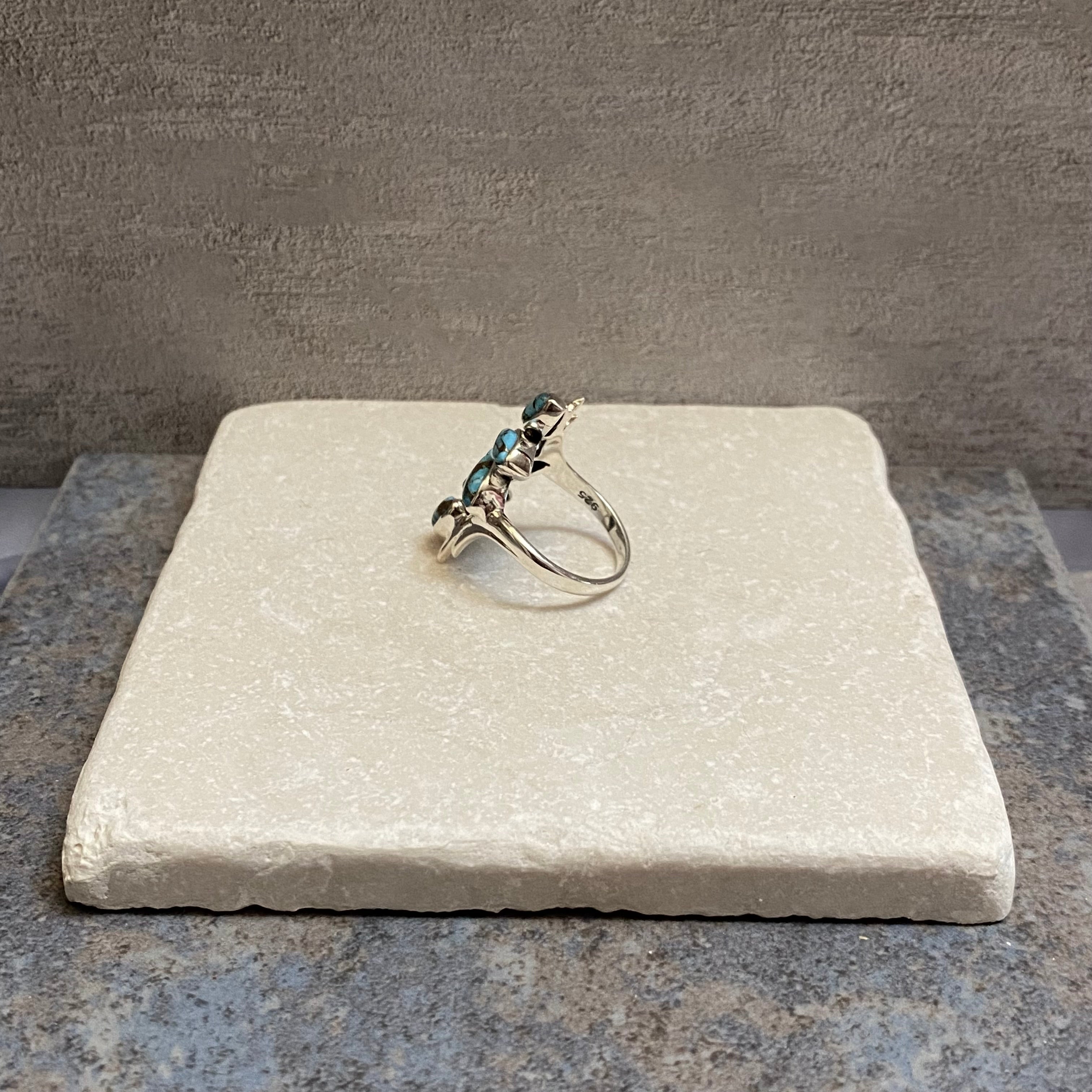 Sterling Silver Six Leaf Copper Turquoise Ring Size 8