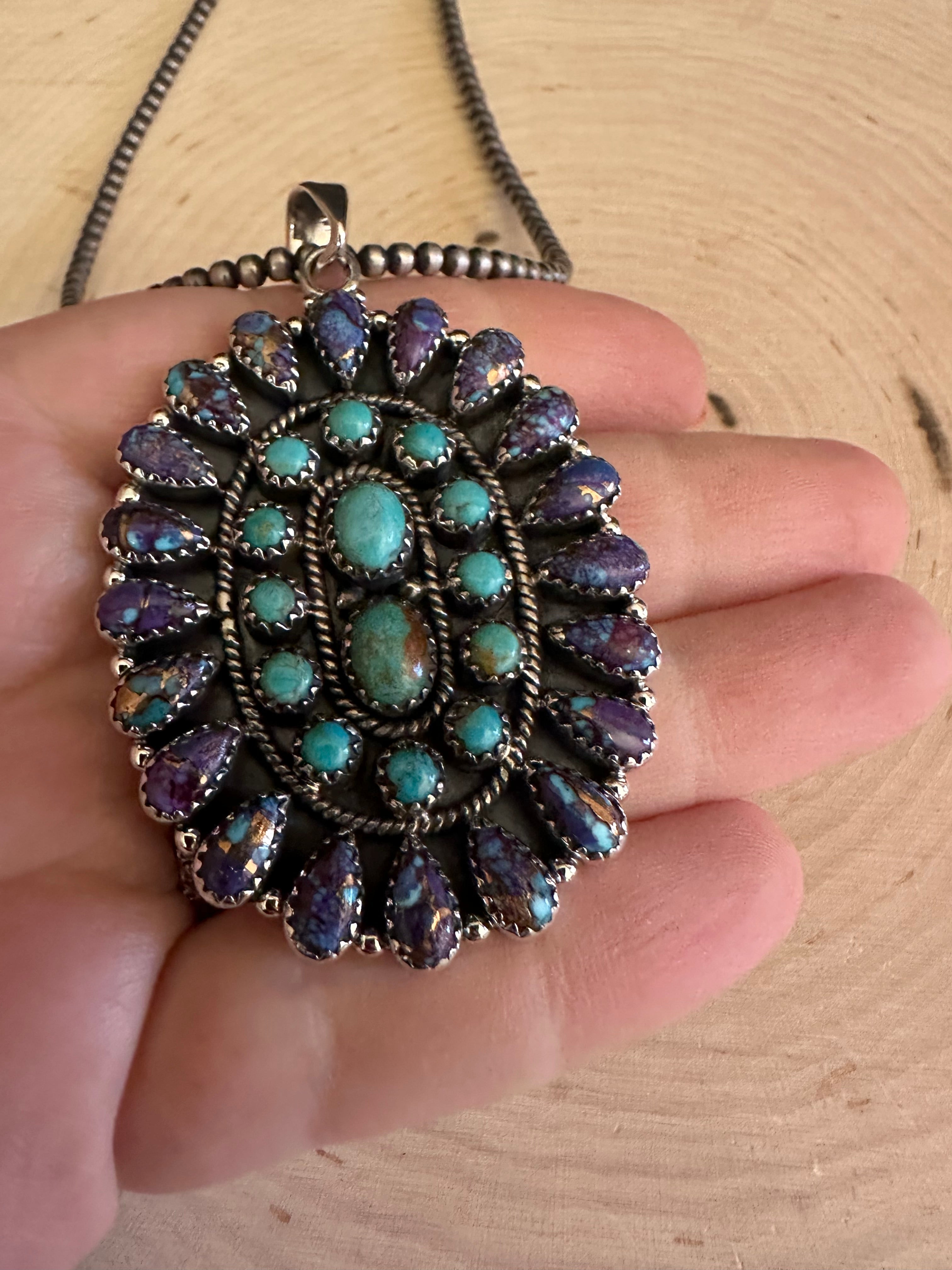 Handmade Sterling Silver, Purple Dream & Turquoise Cluster Pendant Signed Nizhoni