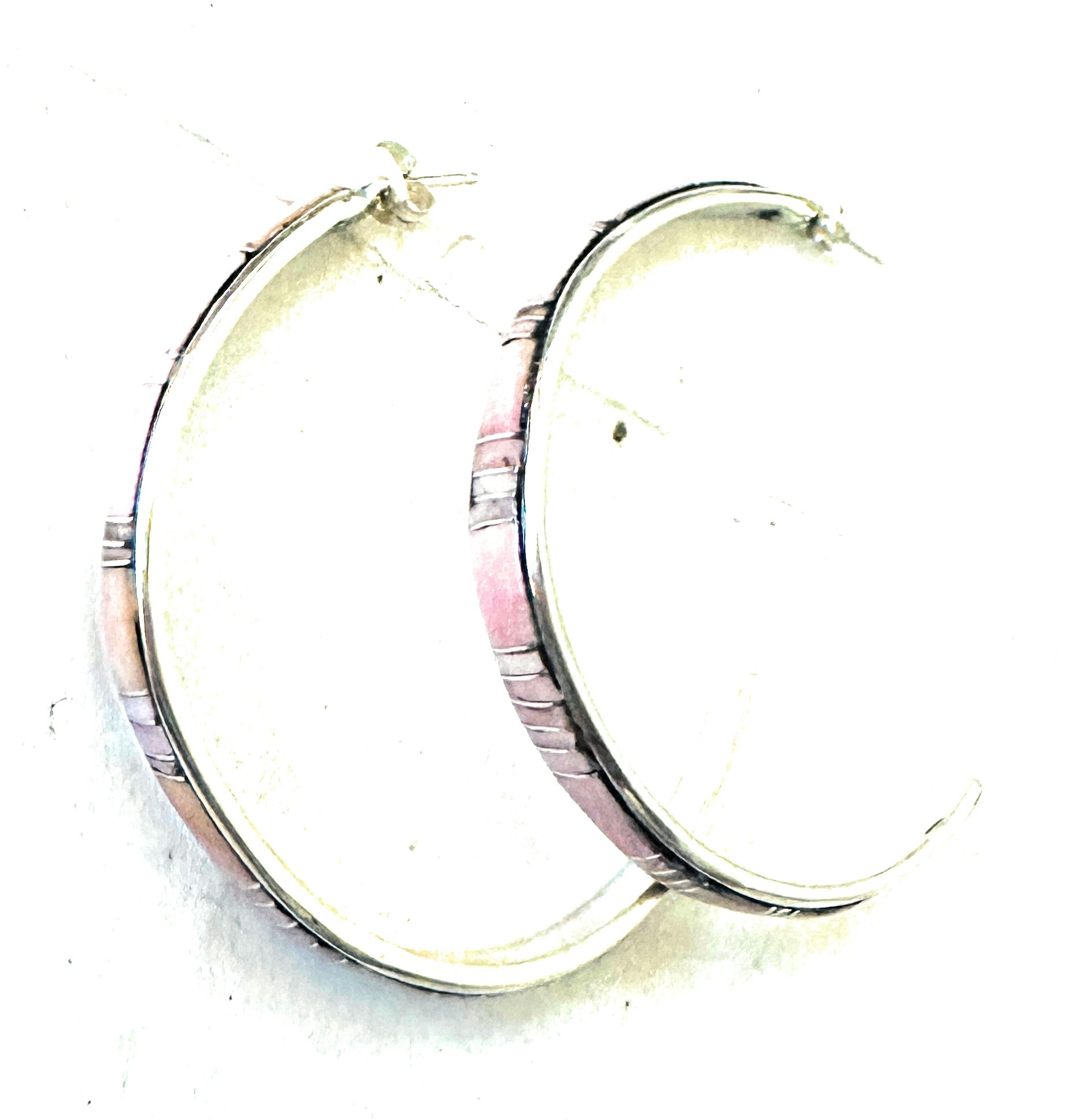 Navajo Mother of Pearl & Sterling Silver Inlay Cresent Hoop Earrings