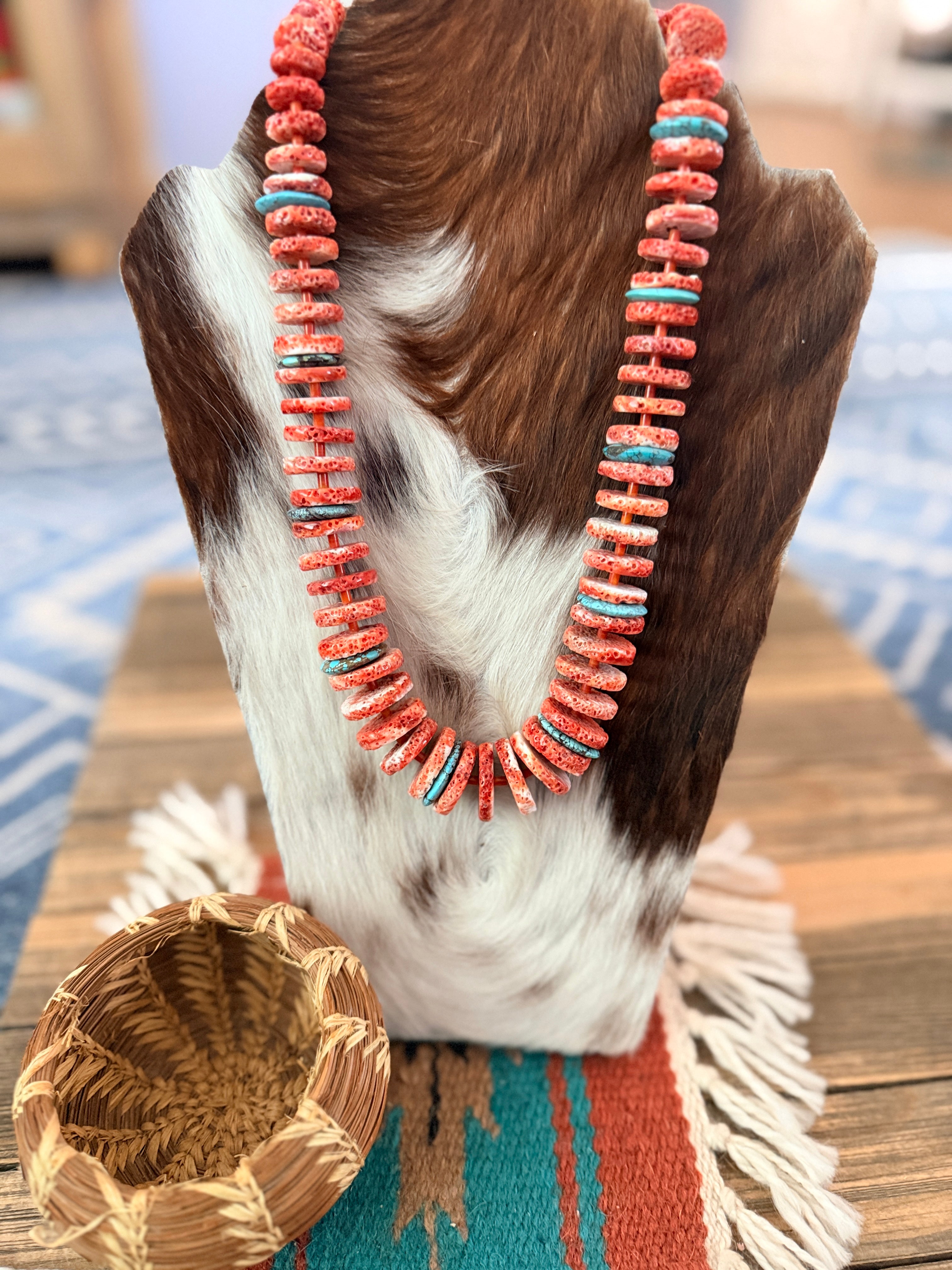 Old Pawn Handcrafted Spiny Oyster & Turquoise Beaded 20” Necklace