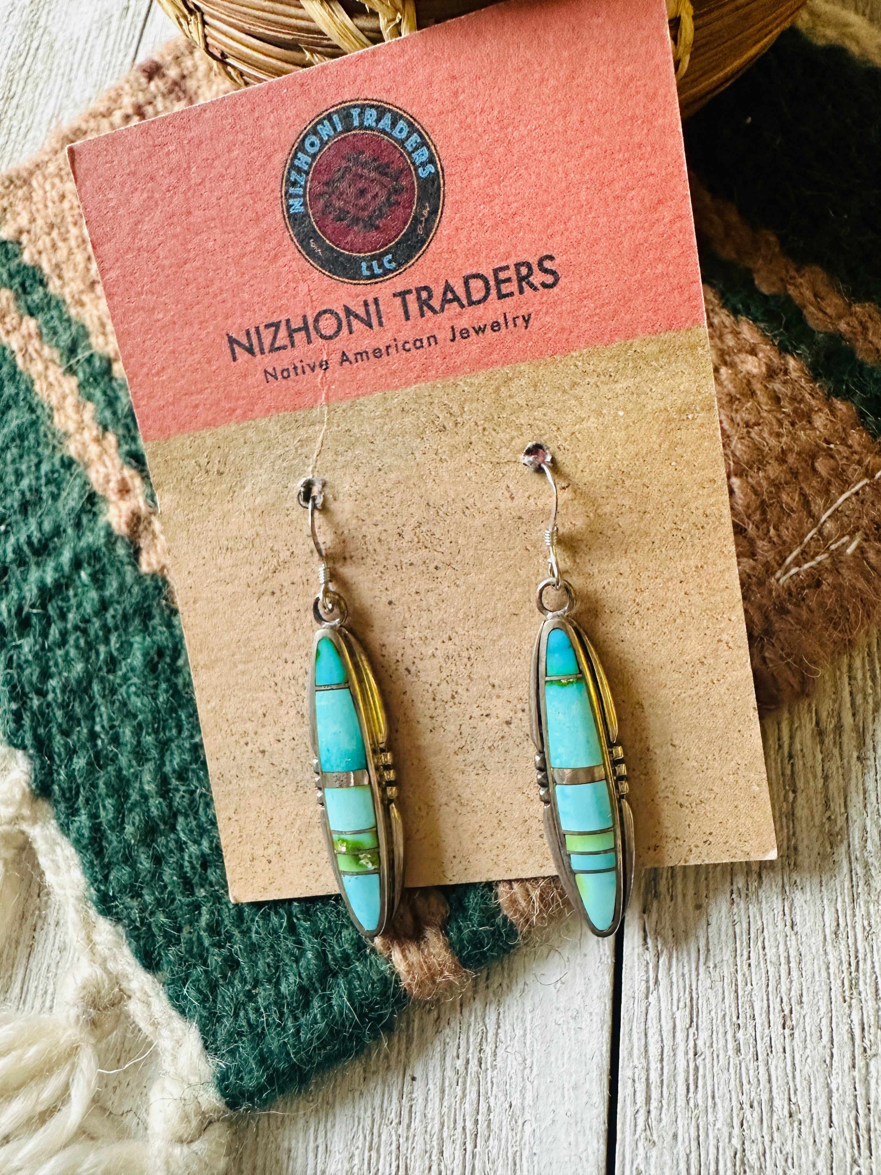 Navajo Sonoran Mountain Turquoise And Sterling Silver Inlay Dangle Earrings