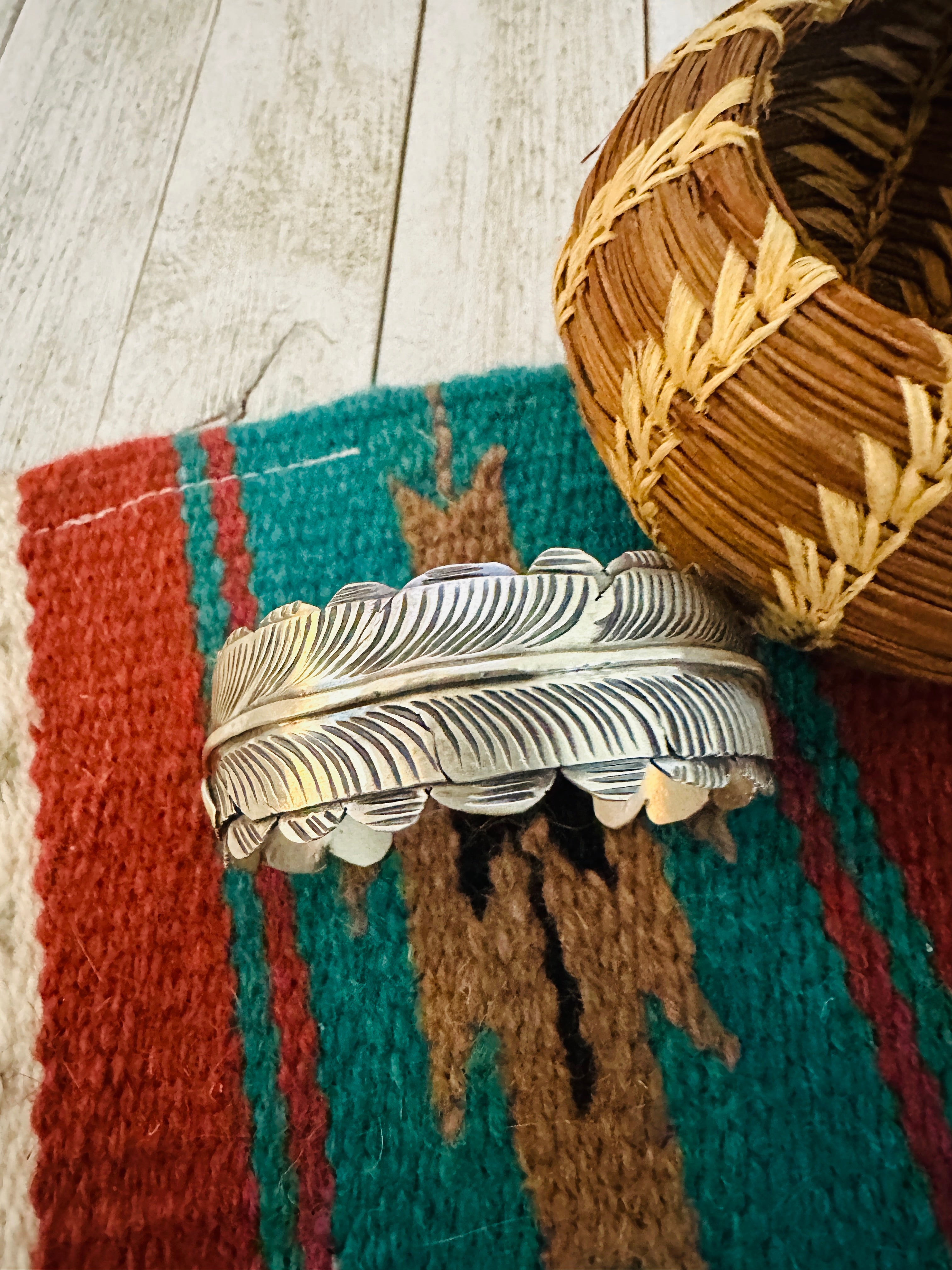 Navajo Hand Stamped Sterling Silver Feather Cuff Bracelet