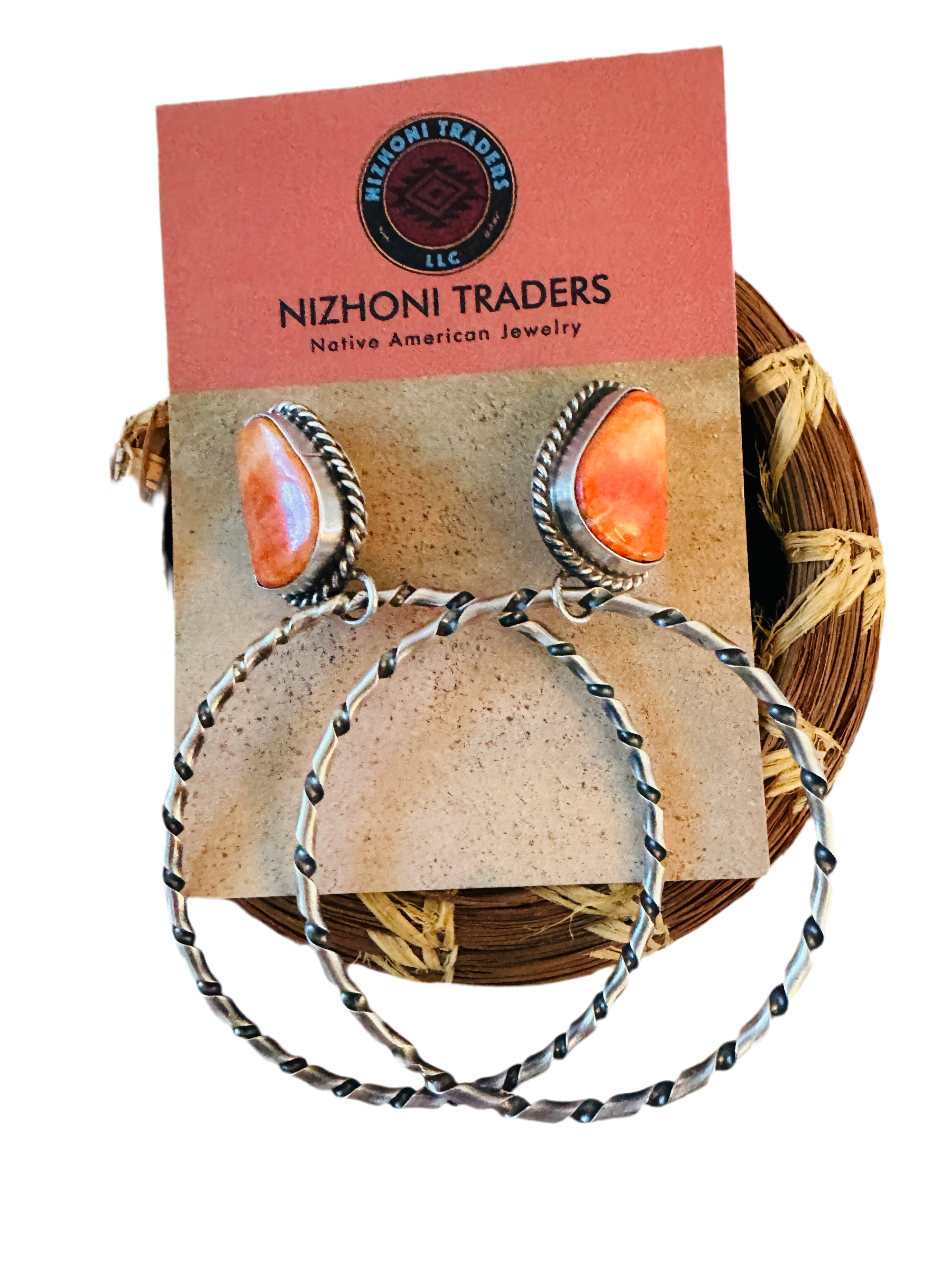 Navajo Orange Spiny and Sterling Silver Dangle Hoop Earrings