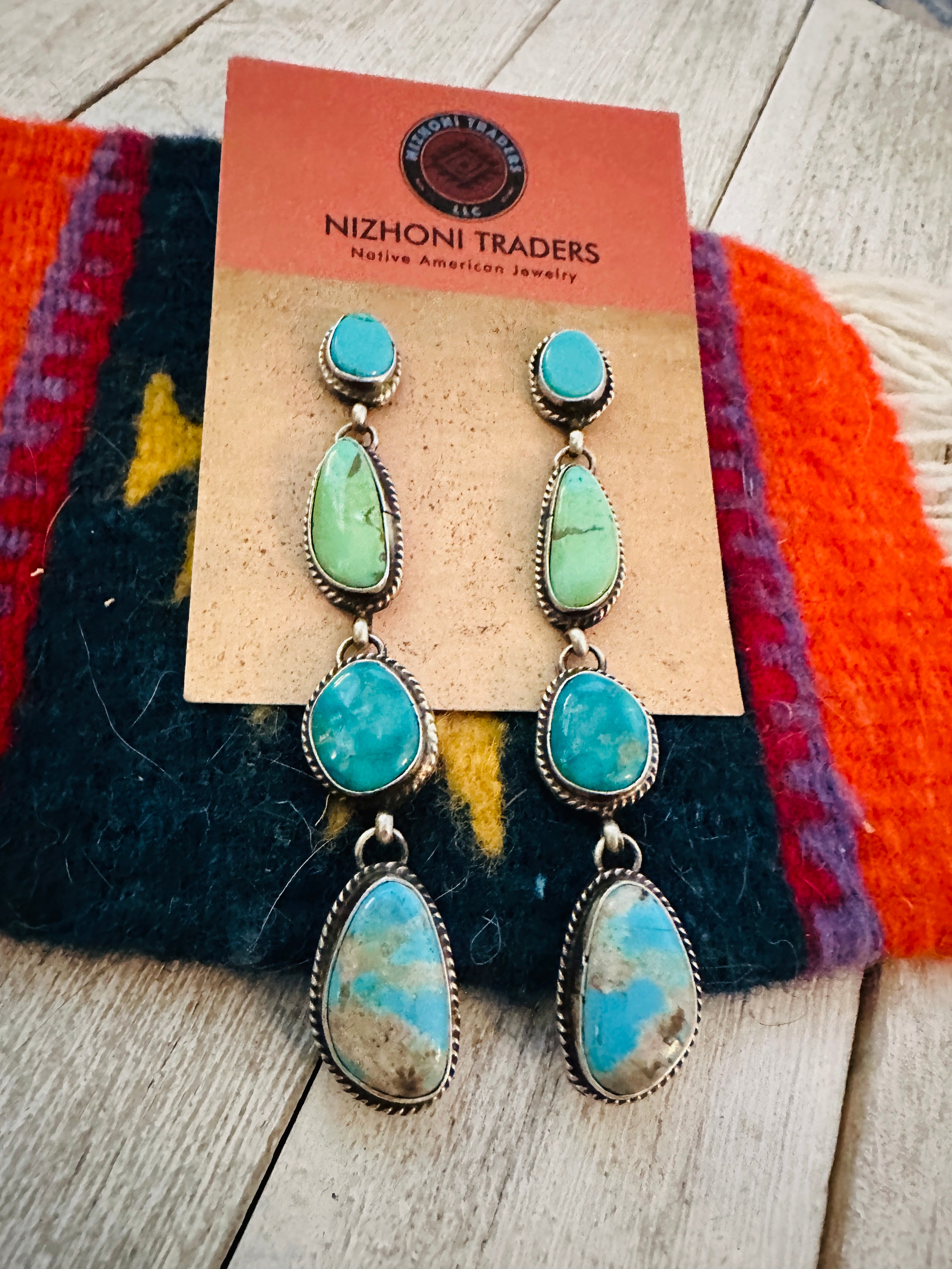 Navajo Multi Turquoise & Sterling Silver Dangle Earrings