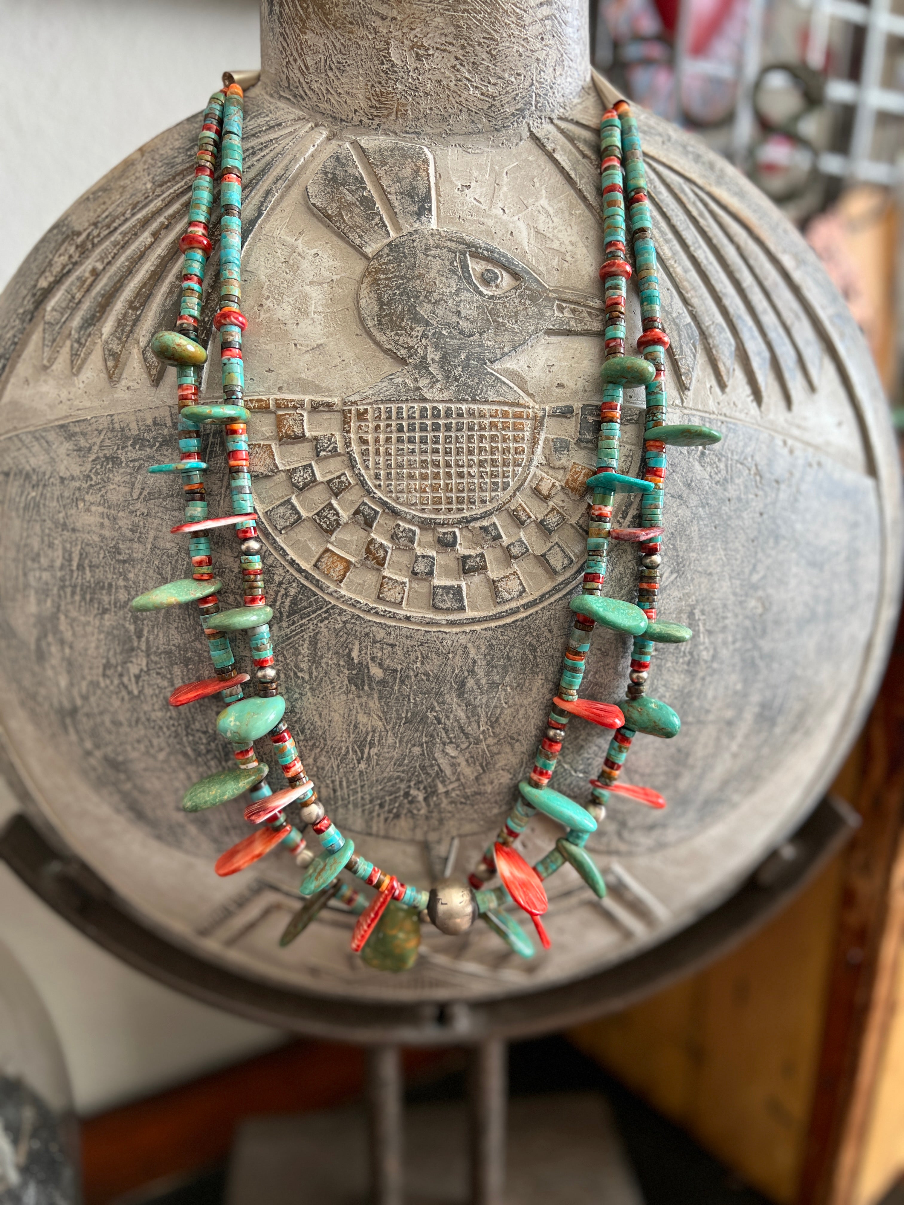 Stunning Handcrafted Double Strand Sterling Silver, Turquoise and Spiny Oyster Beaded Tab Necklace by Daniel Coriz