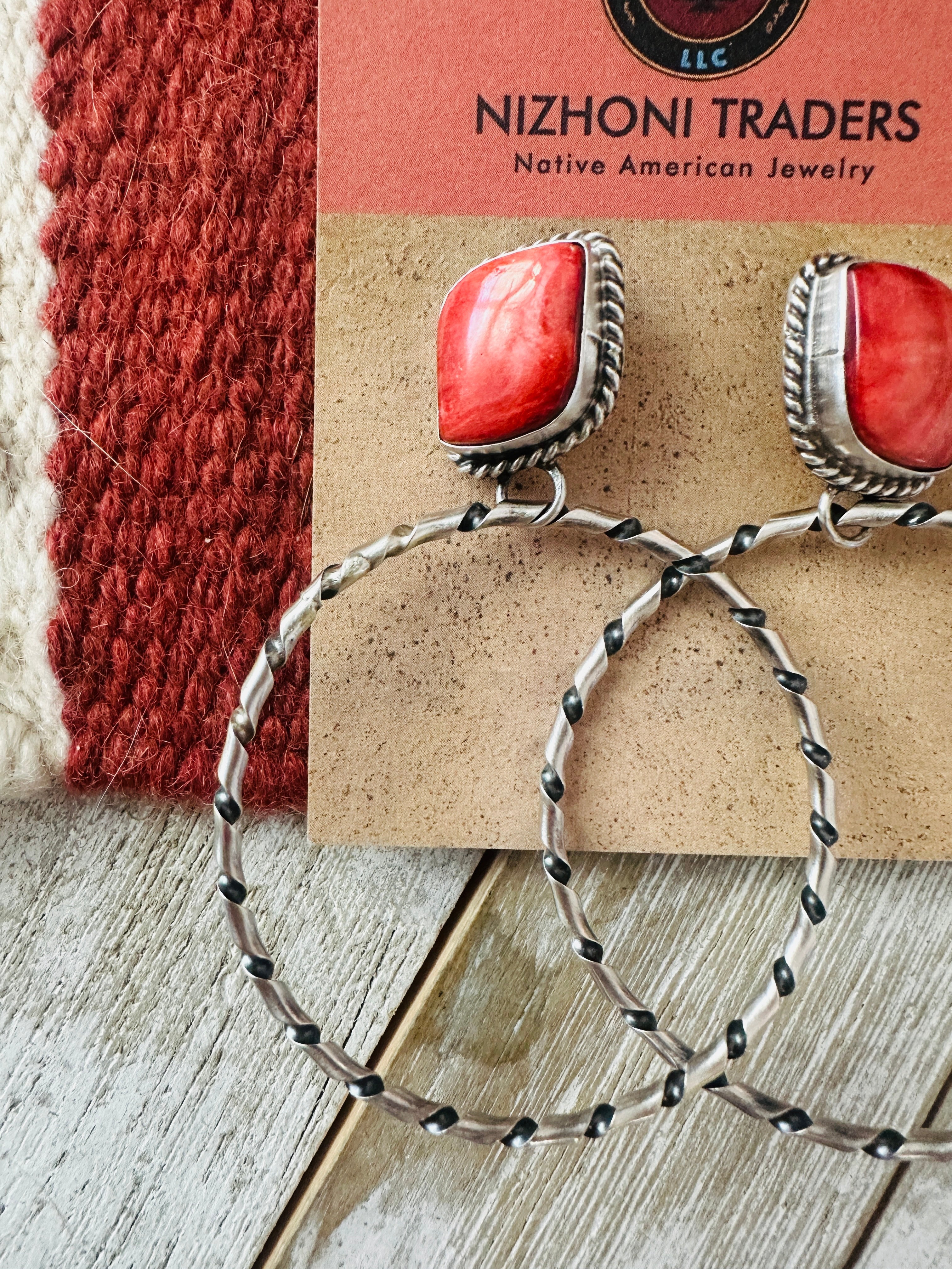 Navajo Orange Spiny and Sterling Silver Dangle Hoop Earrings