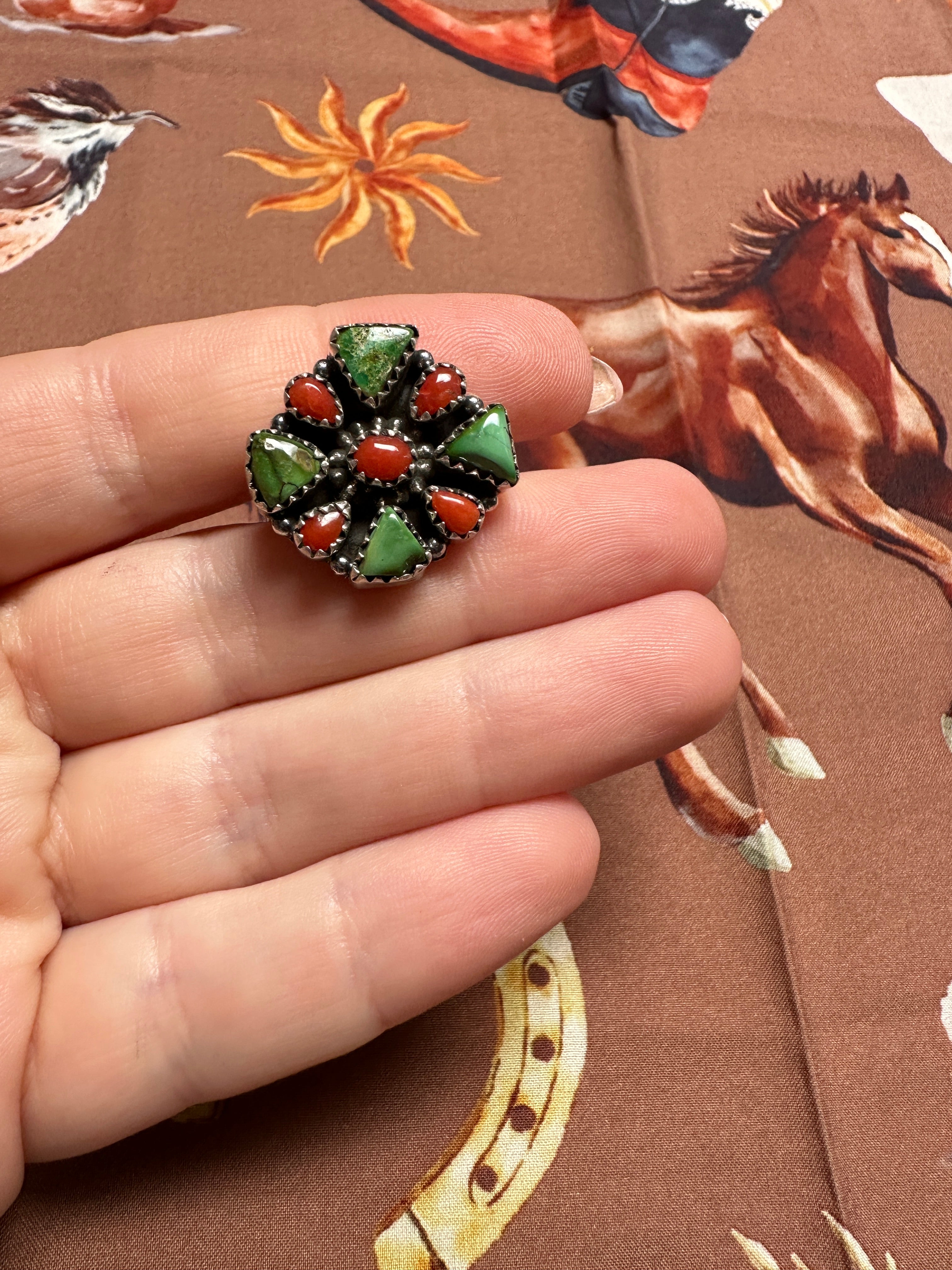 Beautiful Handmade Coral, Sonoran Turquoise And Sterling Silver Adjustable CLUSTER Ring