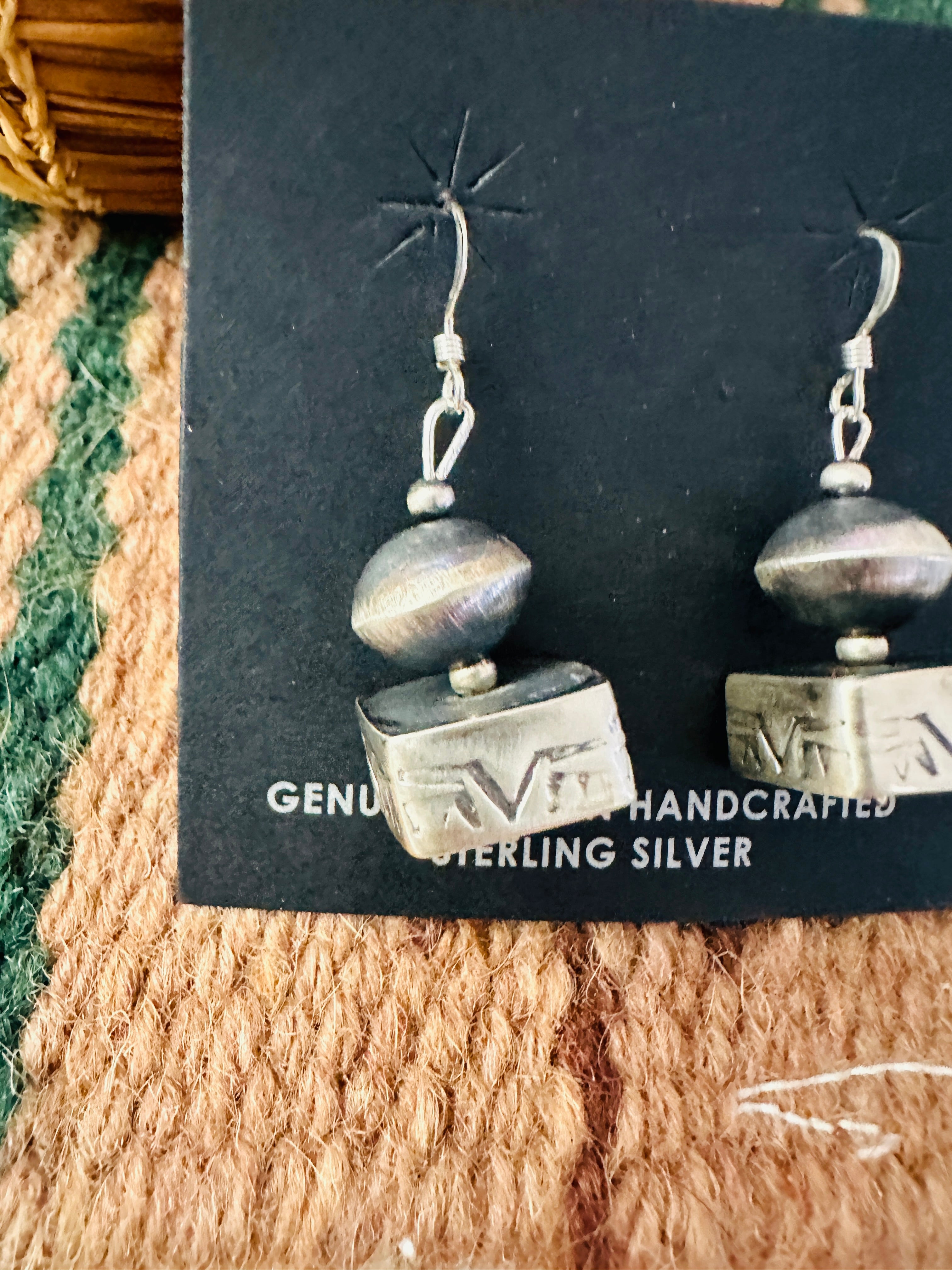 Navajo Hand Stamped Sterling Silver Beaded Dangle Earrings