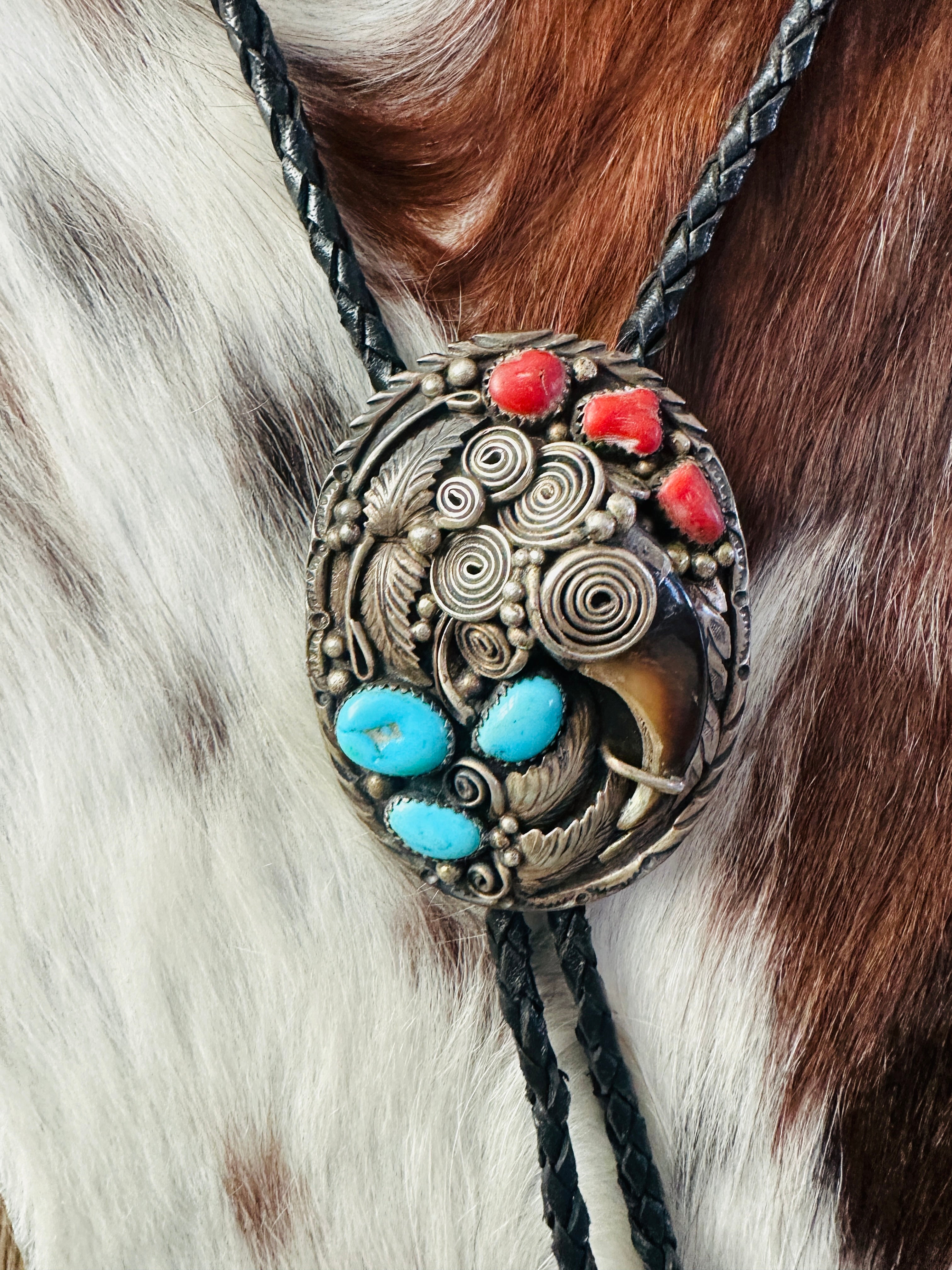 Handcrafted Vintage Old Pawn Sterling Silver, Turquoise & Coral Bolo Tie