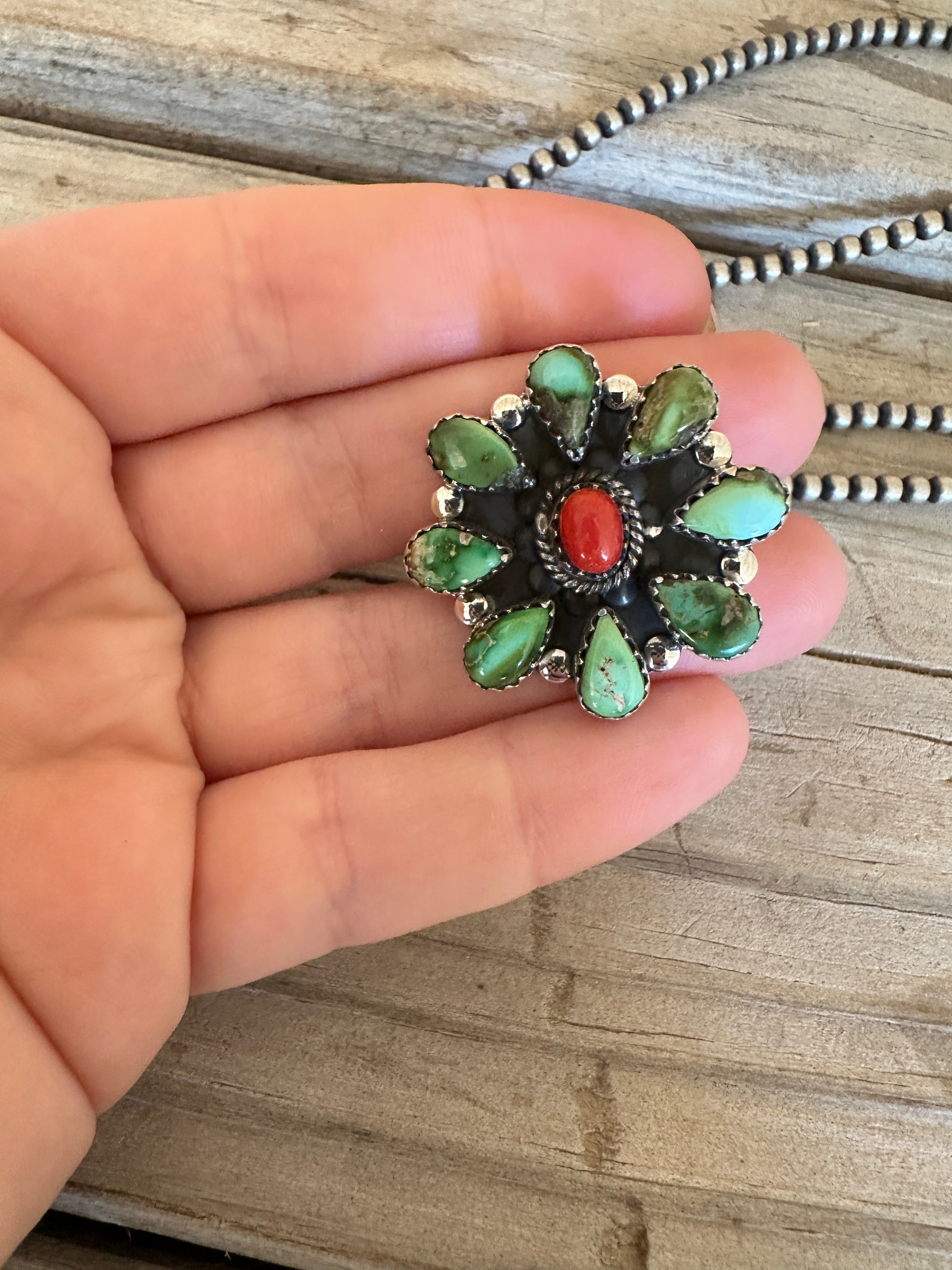 Handmade Coral, Sonoran Turquoise And Sterling Silver Adjustable Cluster Ring