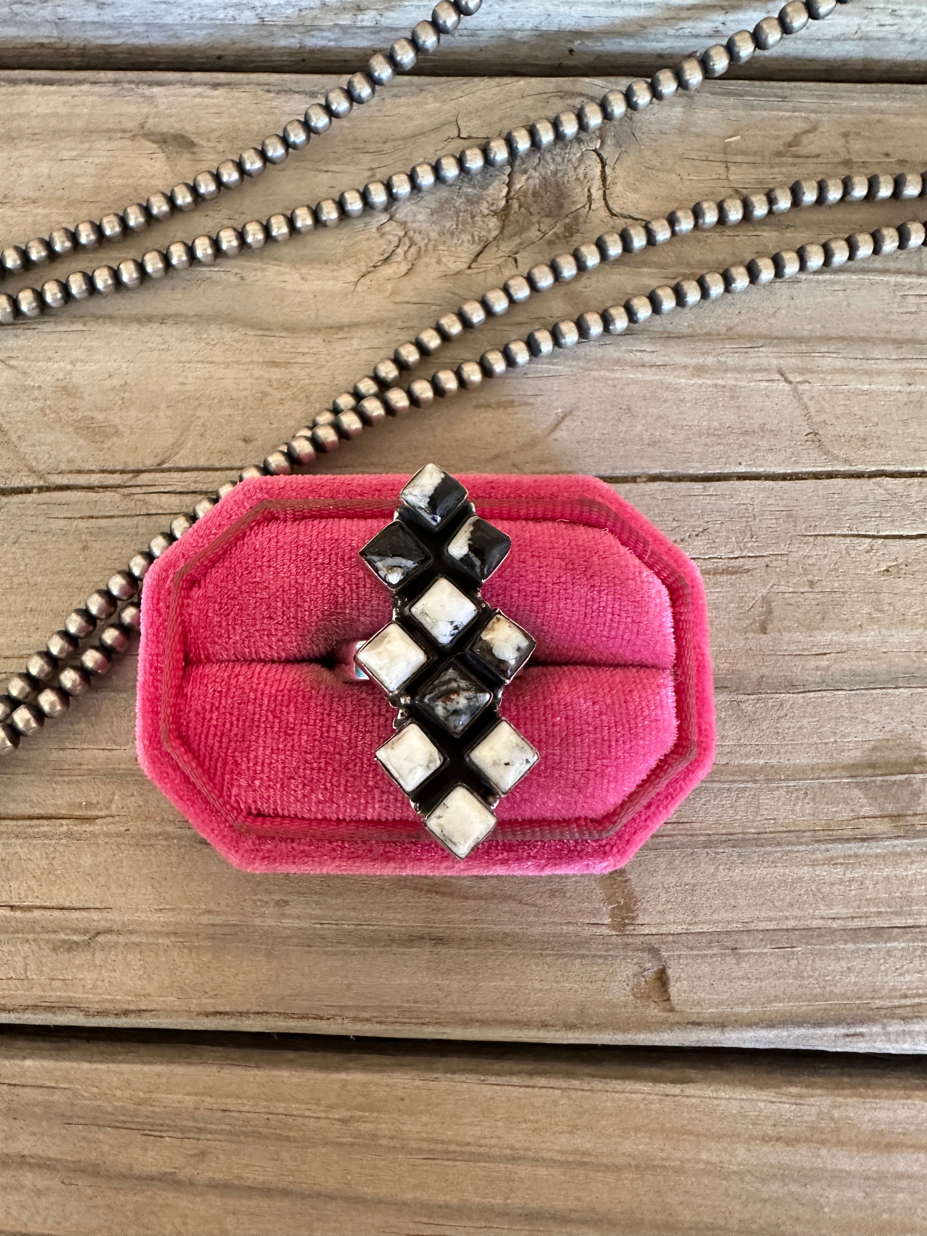 Beautiful Handmade White Buffalo And Sterling Silver Adjustable Ring