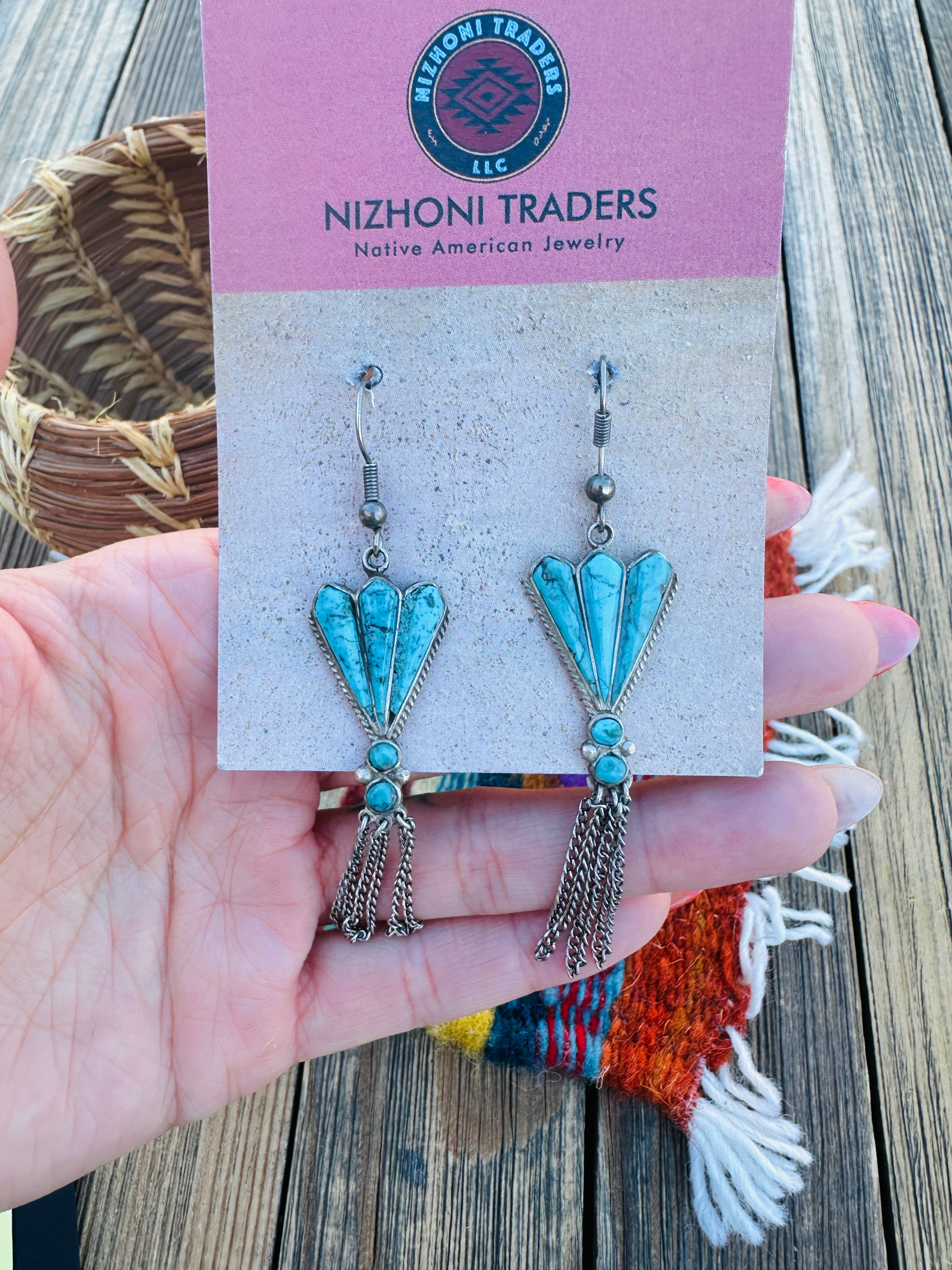 Handcrafted Old Pawn Sterling Silver & Turquoise Tassel Dangle Earrings