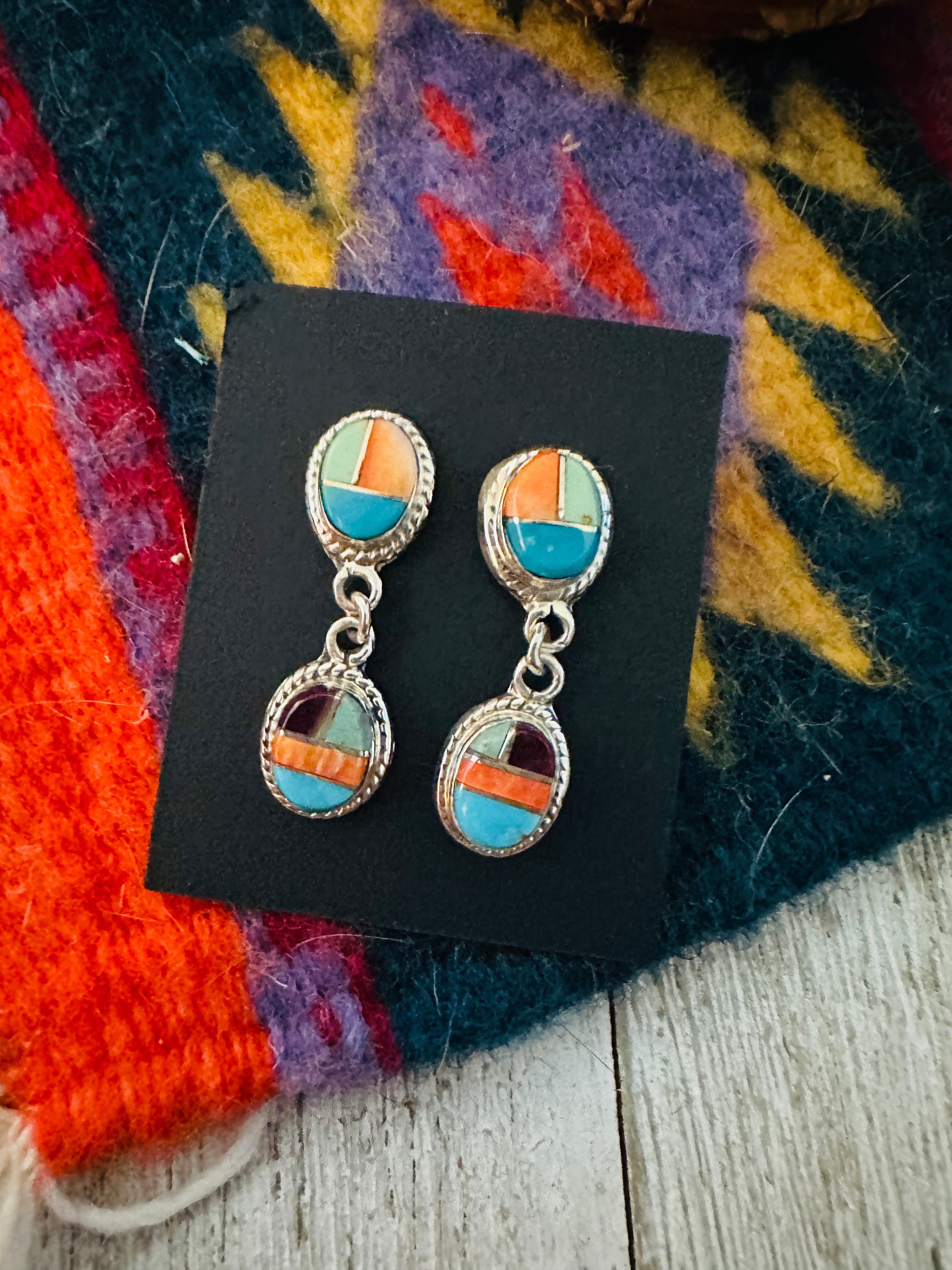 Navajo Sterling Silver & Multi Stone Inlay Dangle Earrings