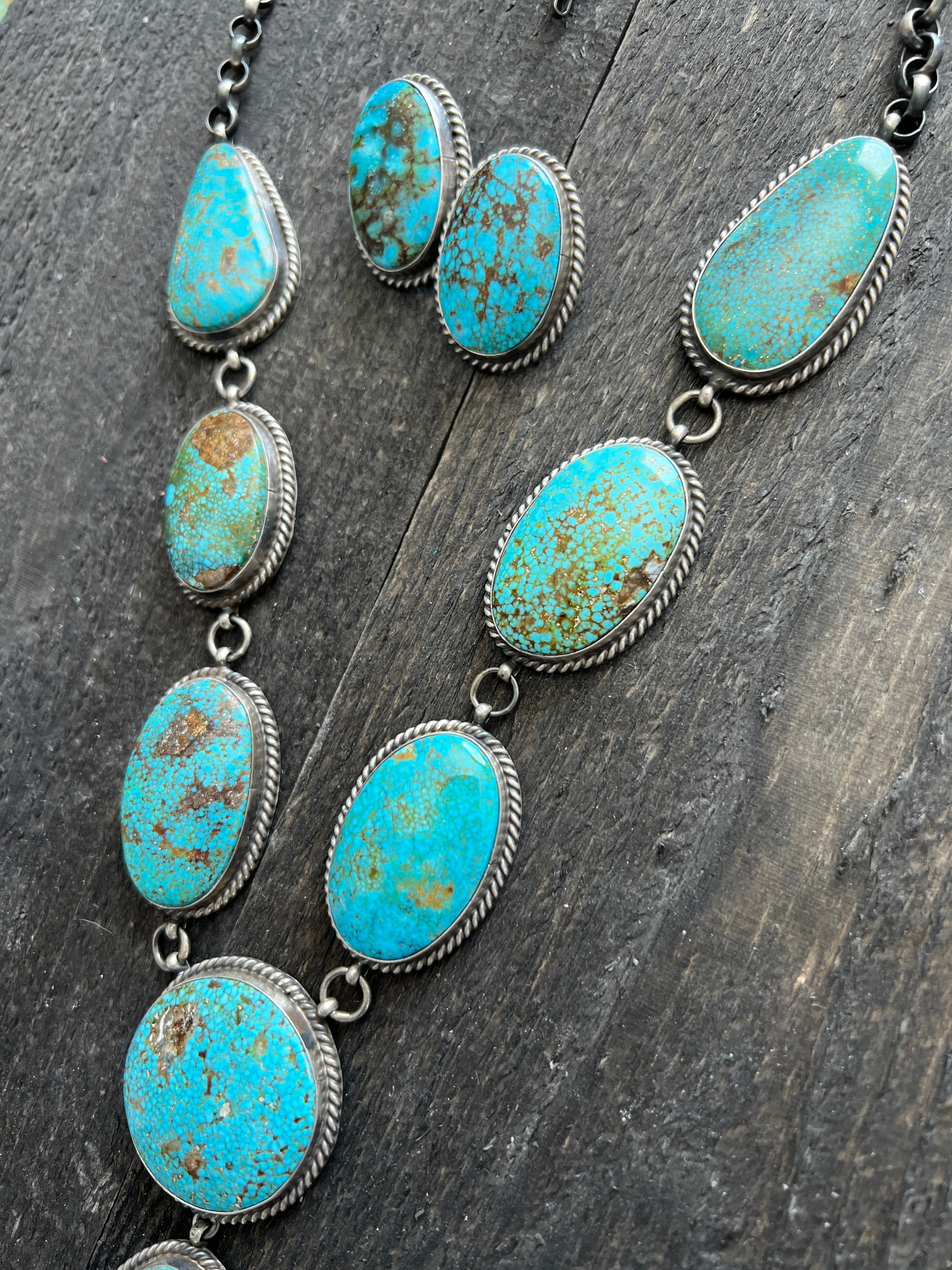 Handcrafted Sterling Silver and Birdseye Kingman Turquoise Y-Style Lariat Necklace and Earrings Set by Peggy Skeets
