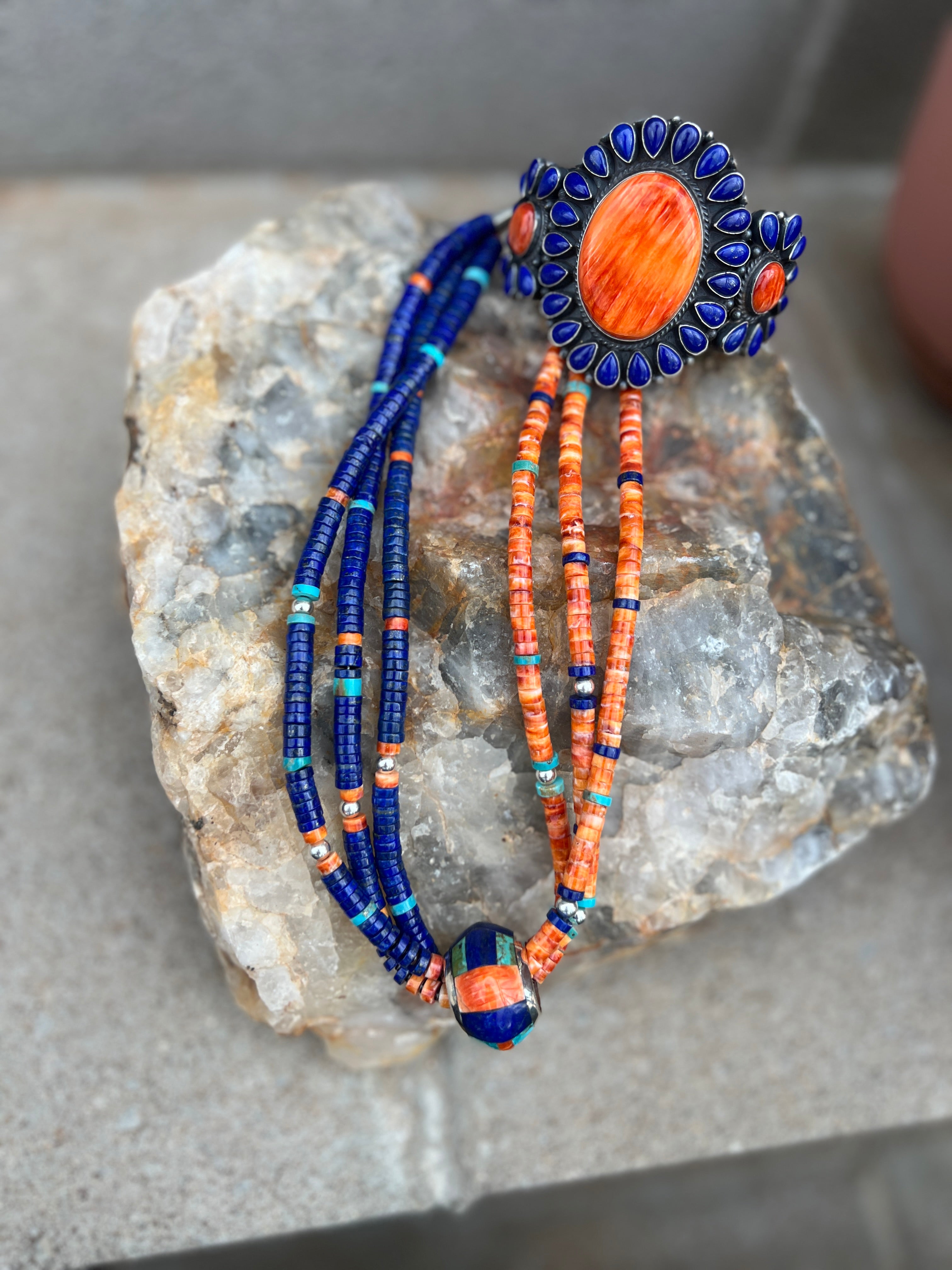 Daniel Coriz Triple Strand Lapis, Spiny Oyster and Turquoise Beaded Necklace w/ Removable Sterling Silver & Stone Inlay Bead