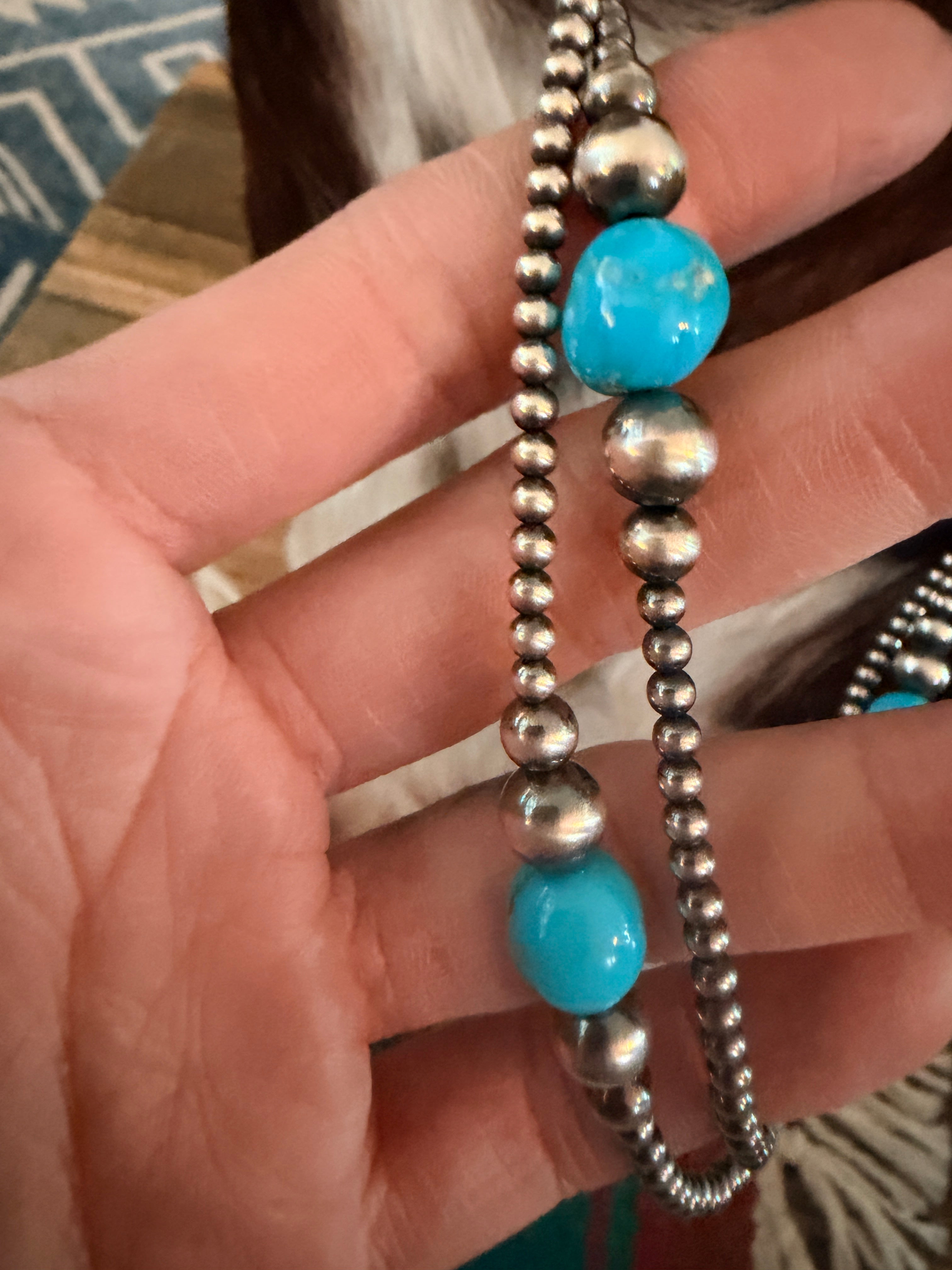 Handcrafted Turquoise & Sterling Silver Pearl Beaded 40” Necklace