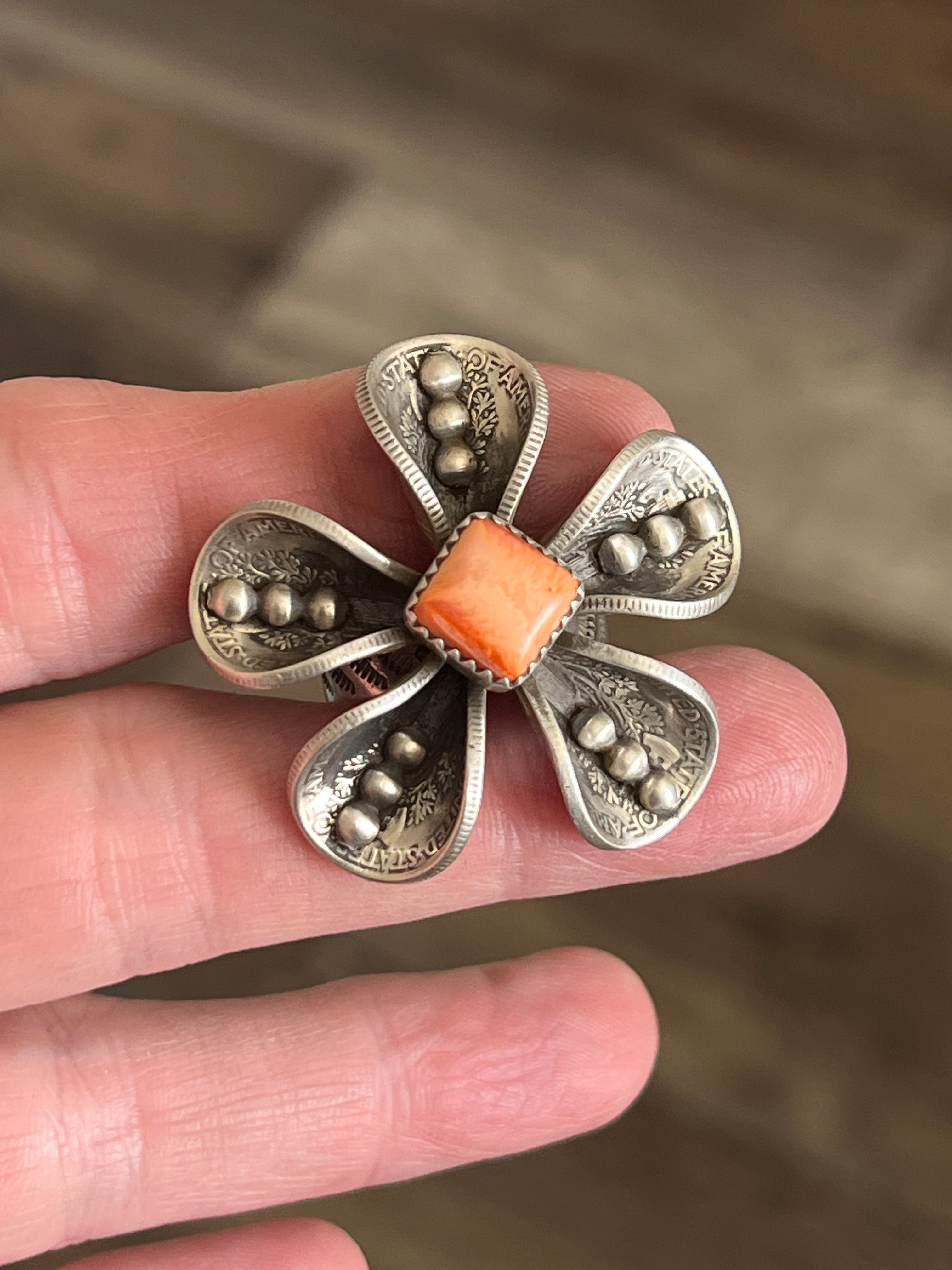 Handcrafted Sterling and Coin Silver Mercury Dime Flower Ring with Orange Spiny Oyster by James Begay, Adjustable
