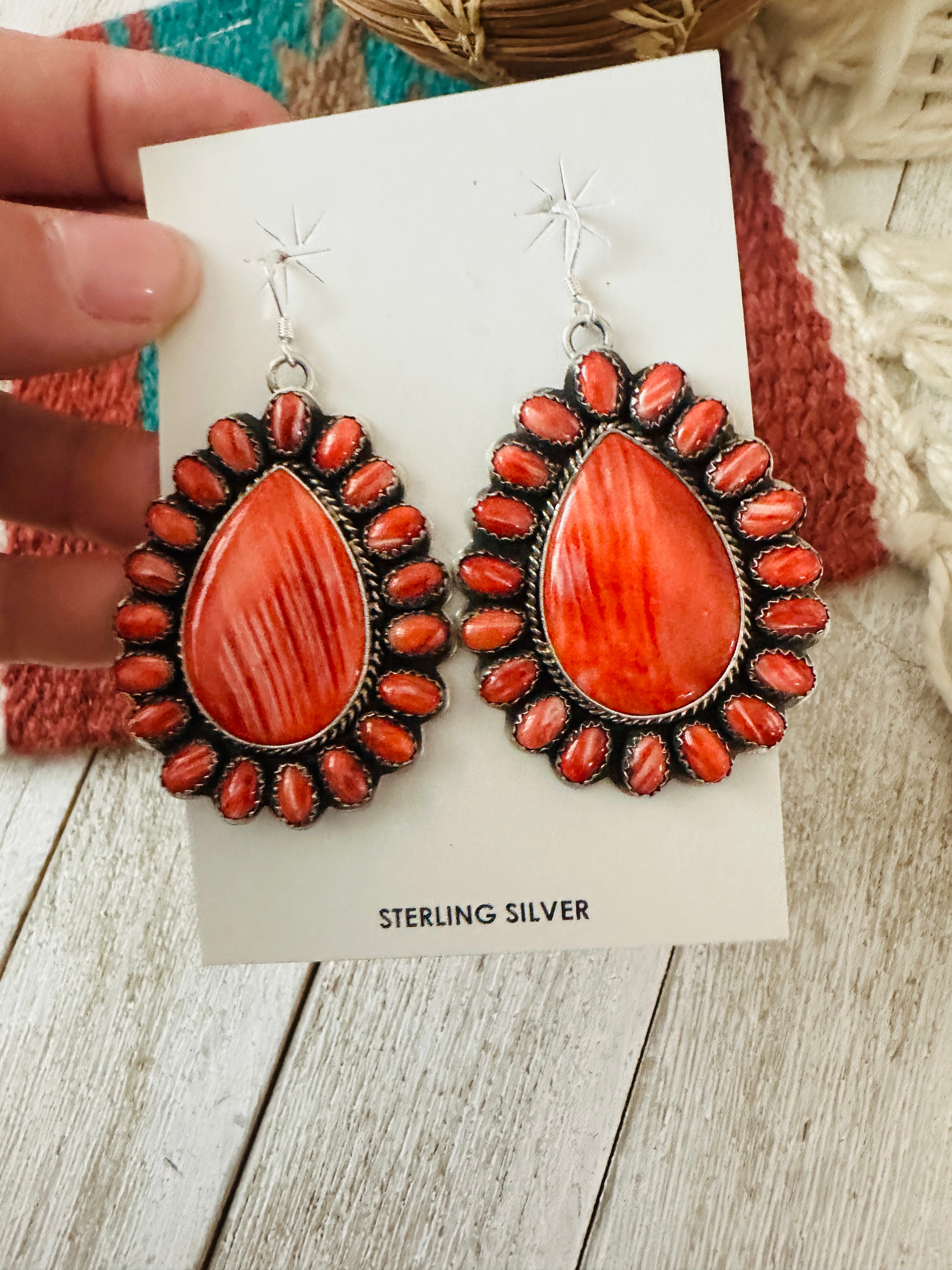 Navajo Sterling Silver & Red Spiny Cluster Dangle Earrings