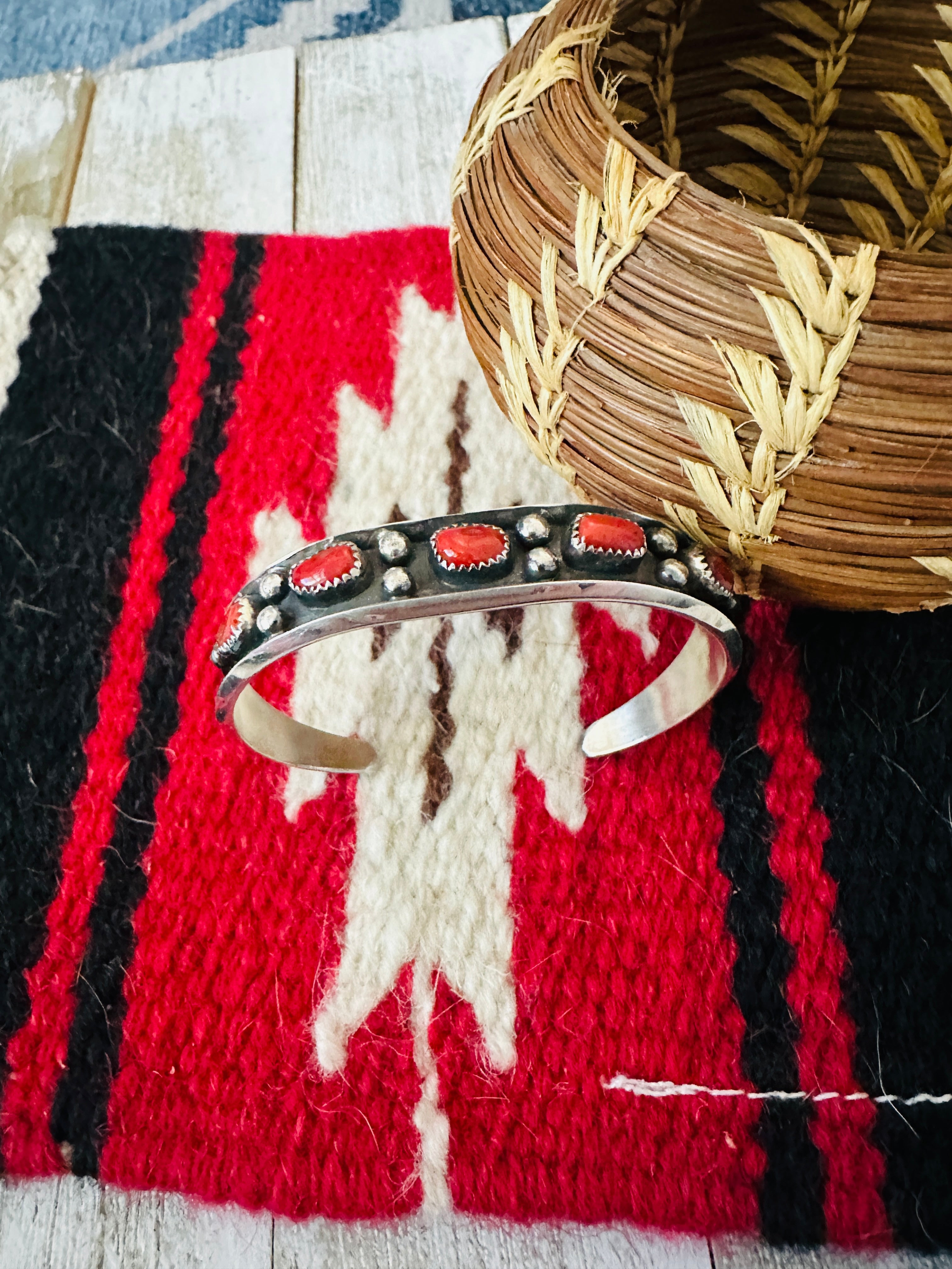 Navajo Coral & Sterling Silver Cuff Bracelet