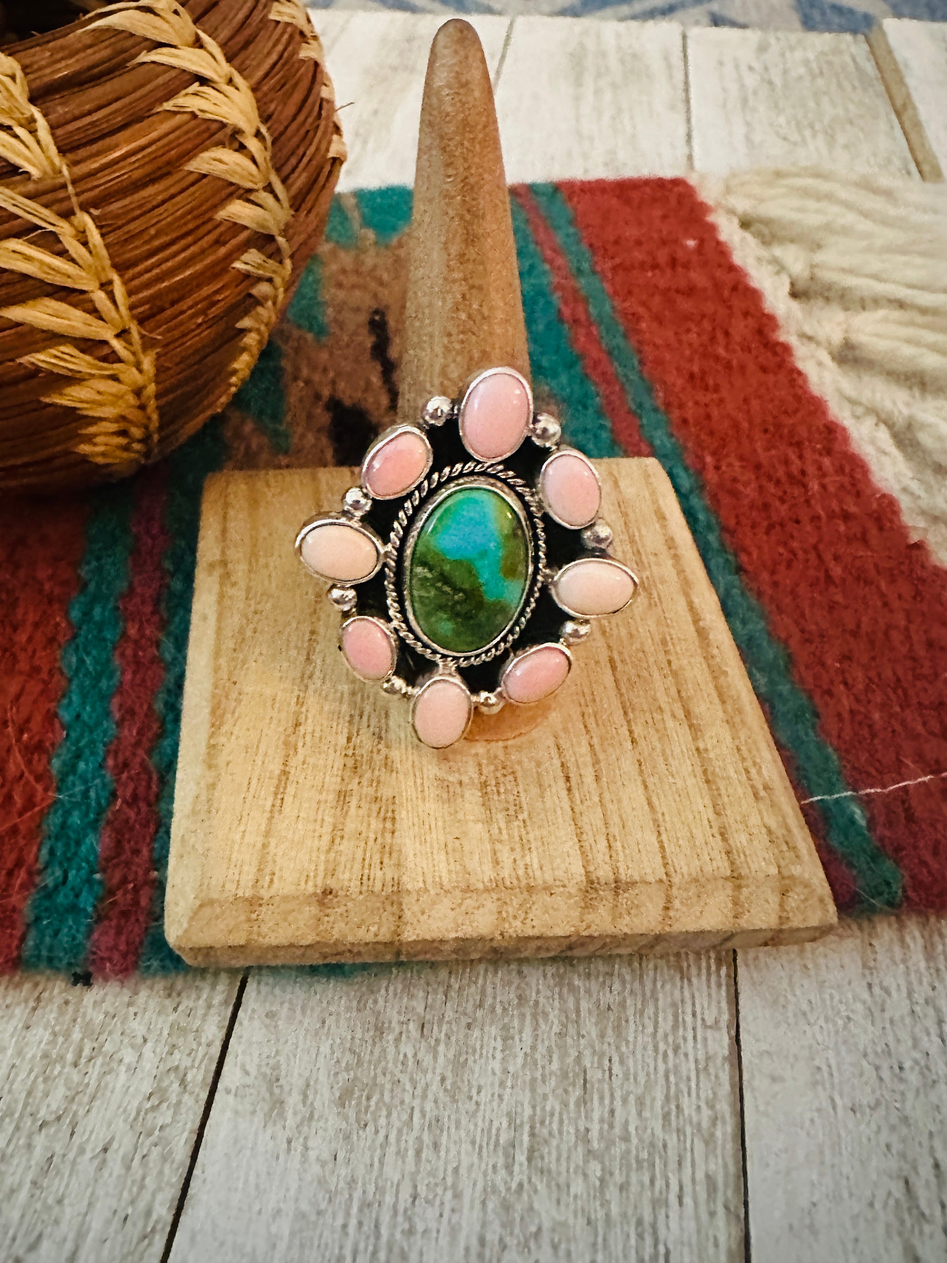 Navajo Sterling Silver, Queen Pink Conch & Turquoise Cluster Adjustable Ring