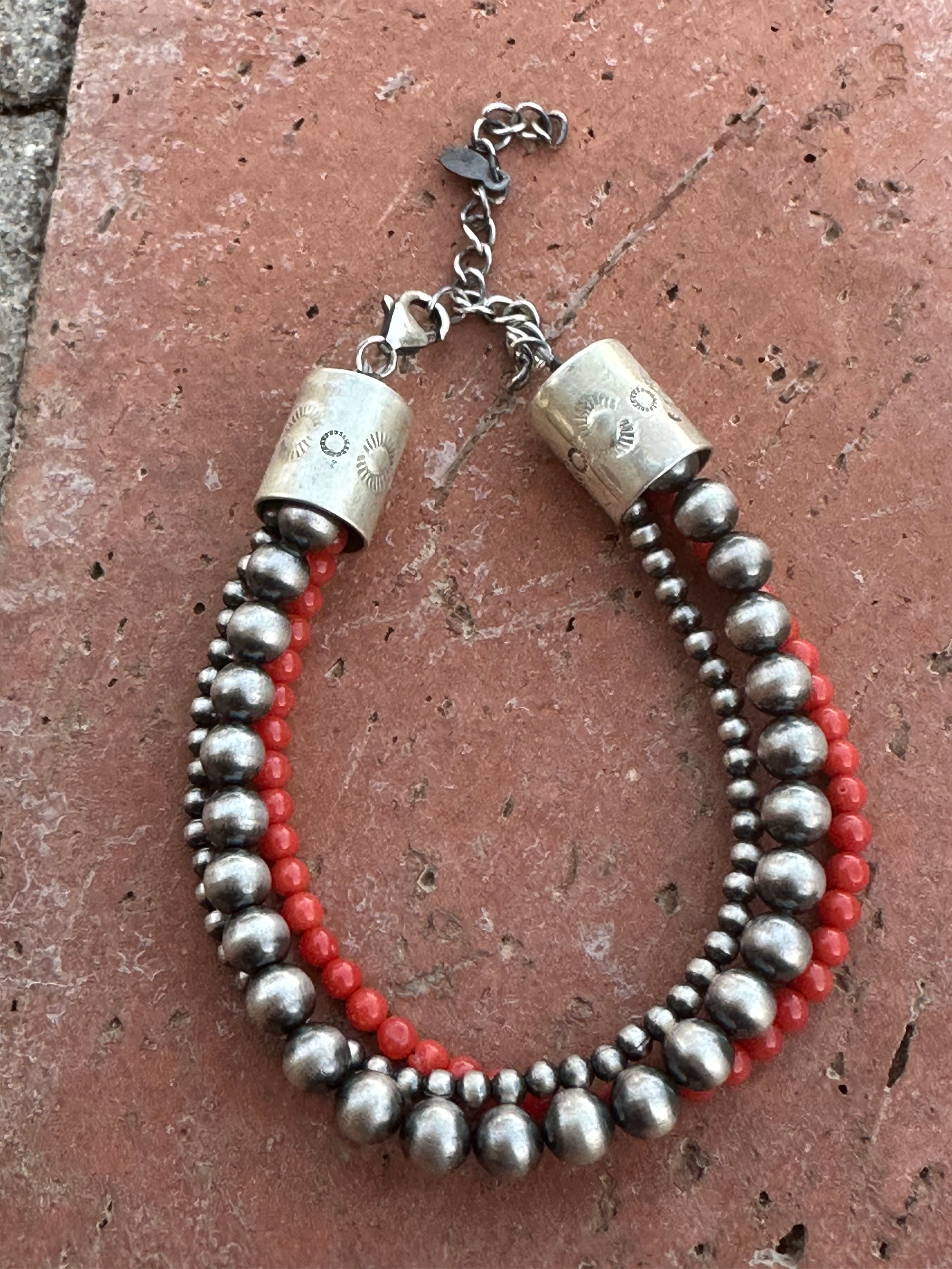 Handmade Sterling Silver and Coral Beaded Bracelet