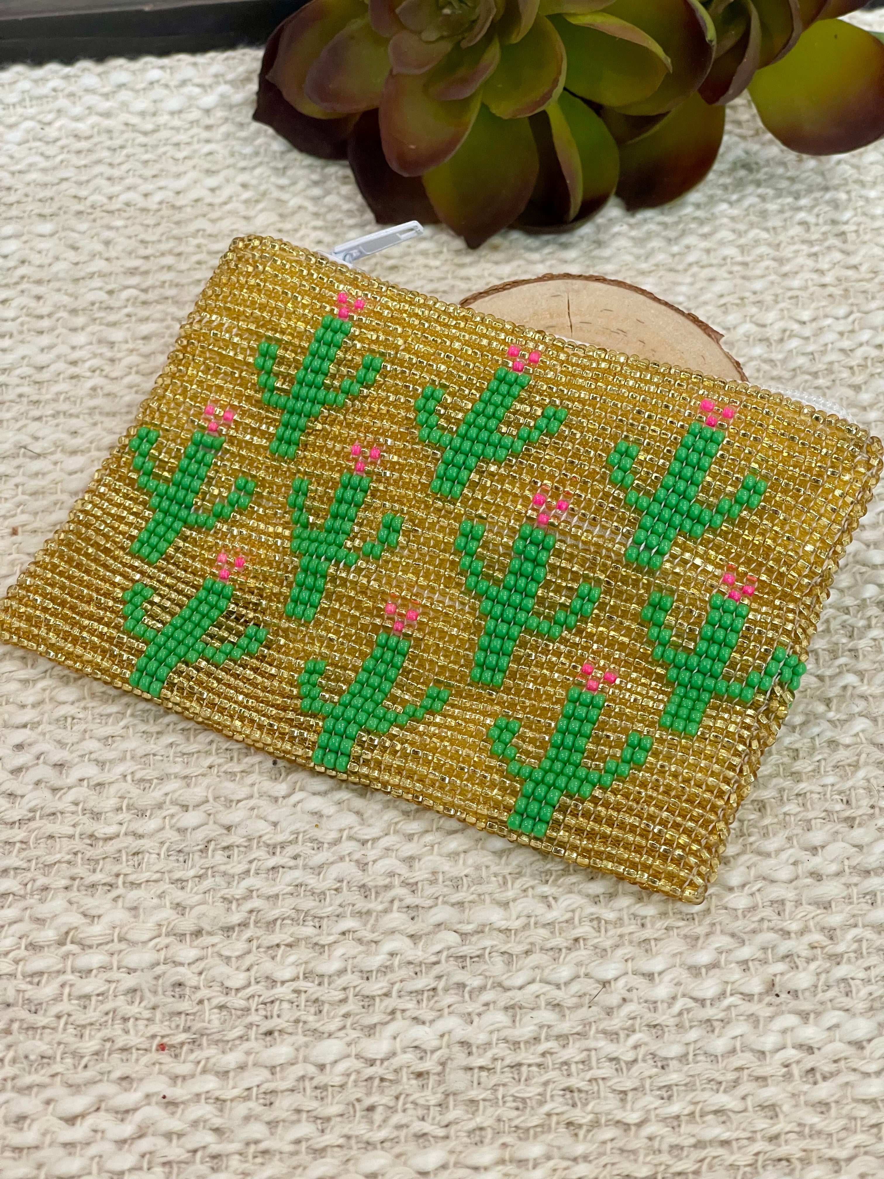 Handmade Beaded Saguaro Cactus Coin Purse Gold