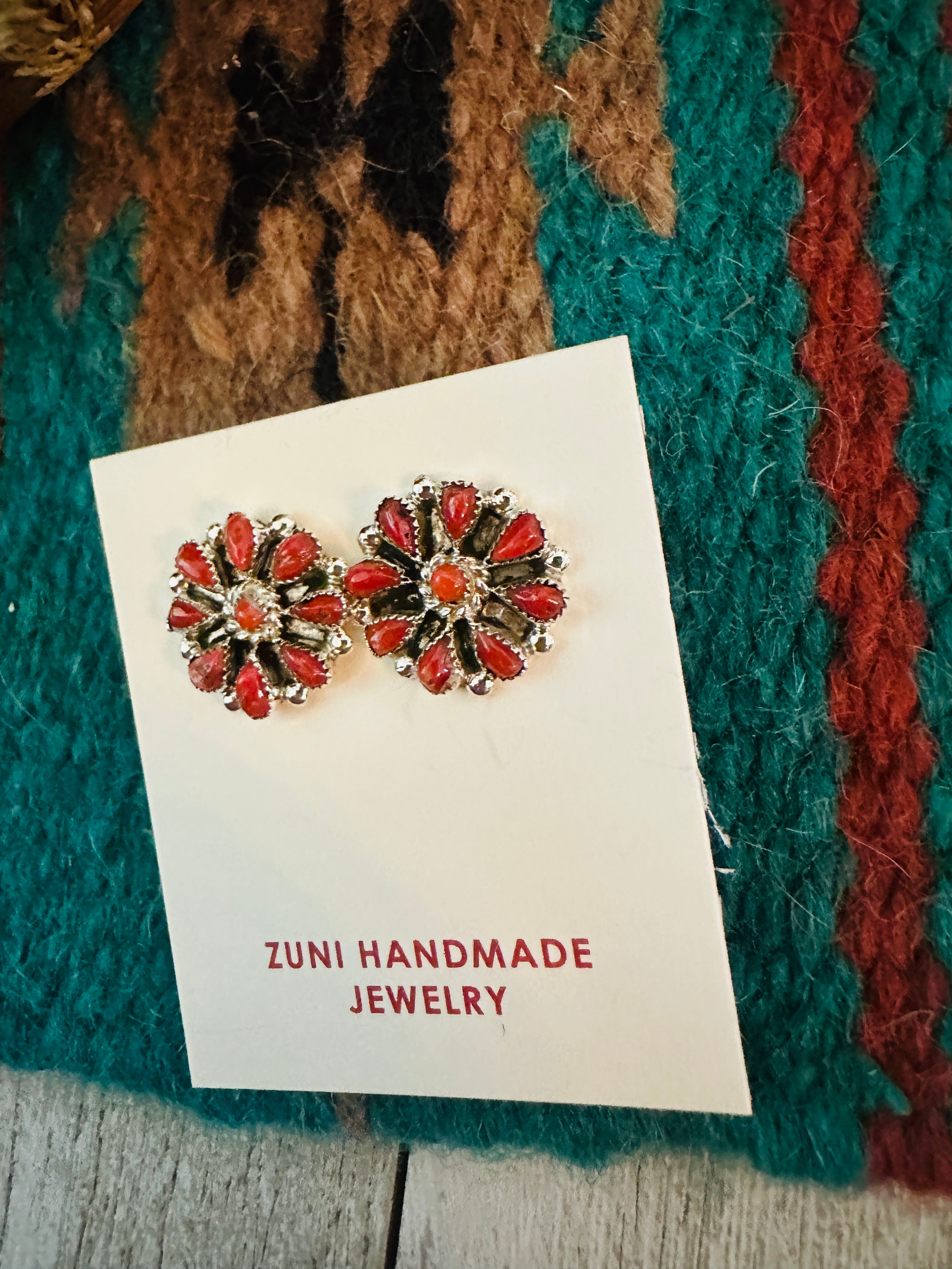 Zuni Coral & Sterling Silver Cluster Stud Earrings