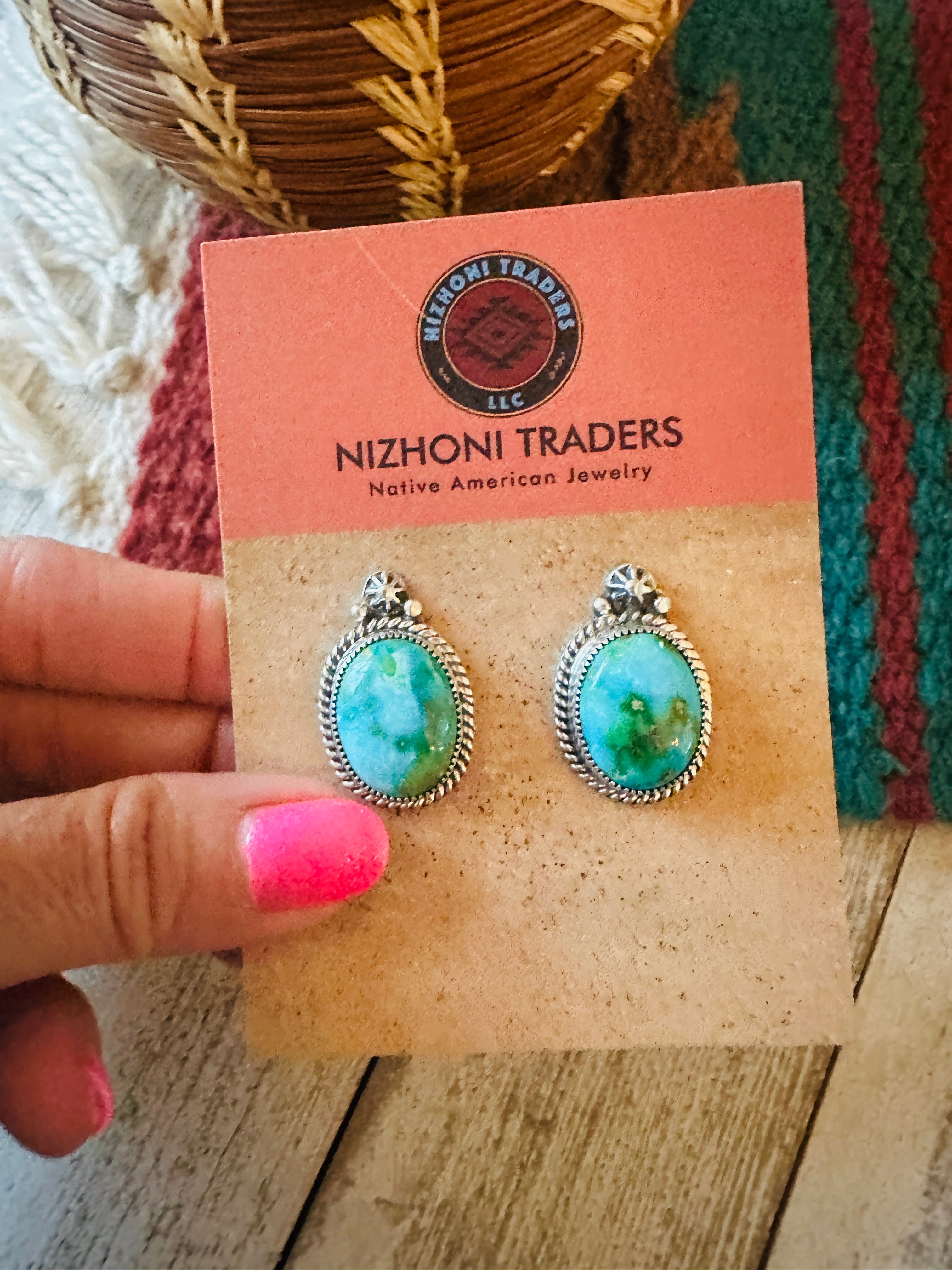 Navajo Sonoran Mountain Turquoise And Sterling Silver Post Earrings