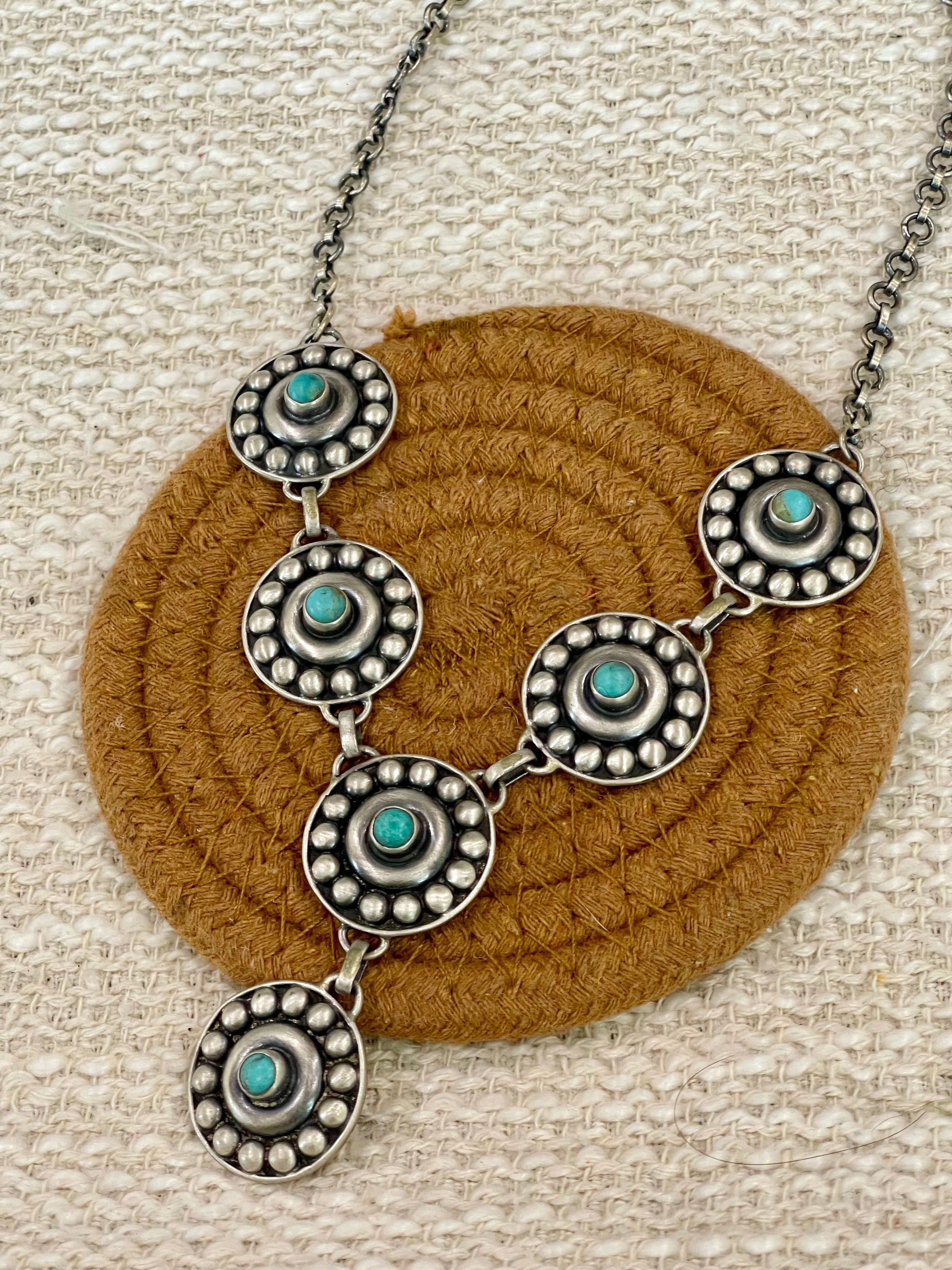 Handmade Sterling Silver Kingman Turquoise Necklace with Signed Nizhoni