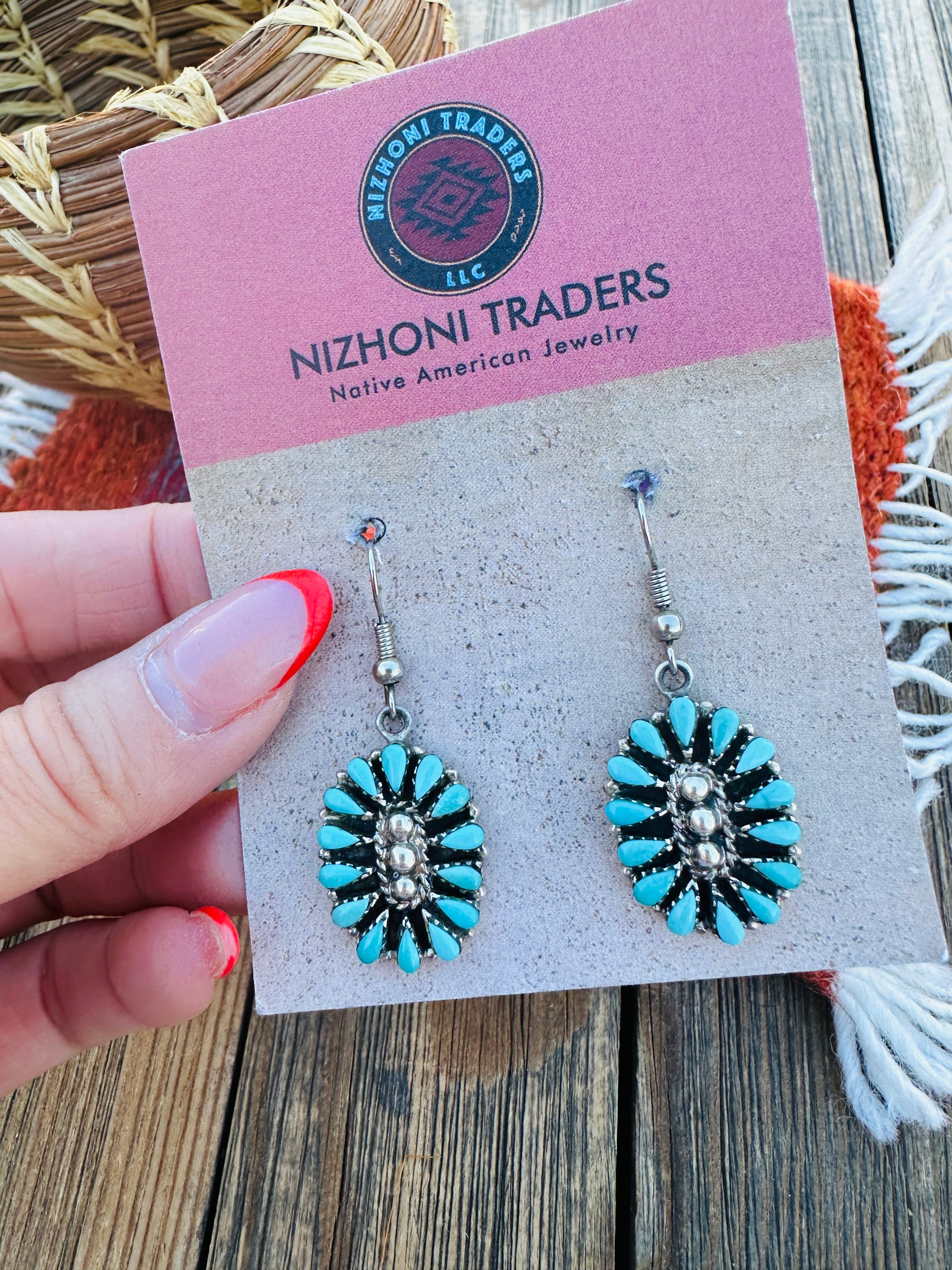 Handcrafted Old Pawn Sterling Silver & Turquoise Cluster Dangle Earrings