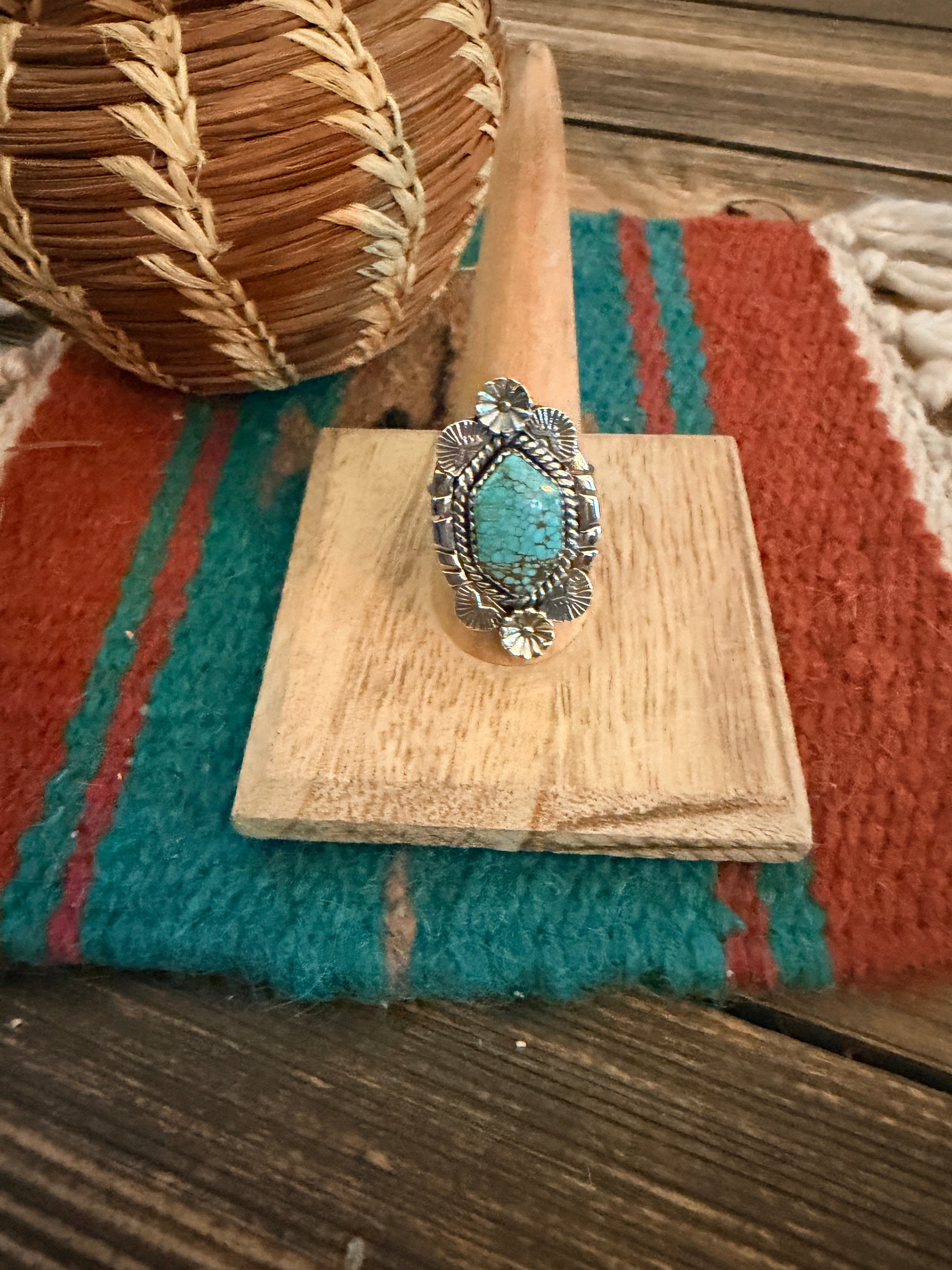 Handmade Sterling Silver Number 8 Turquoise Adjustable Ring Signed Nizhoni