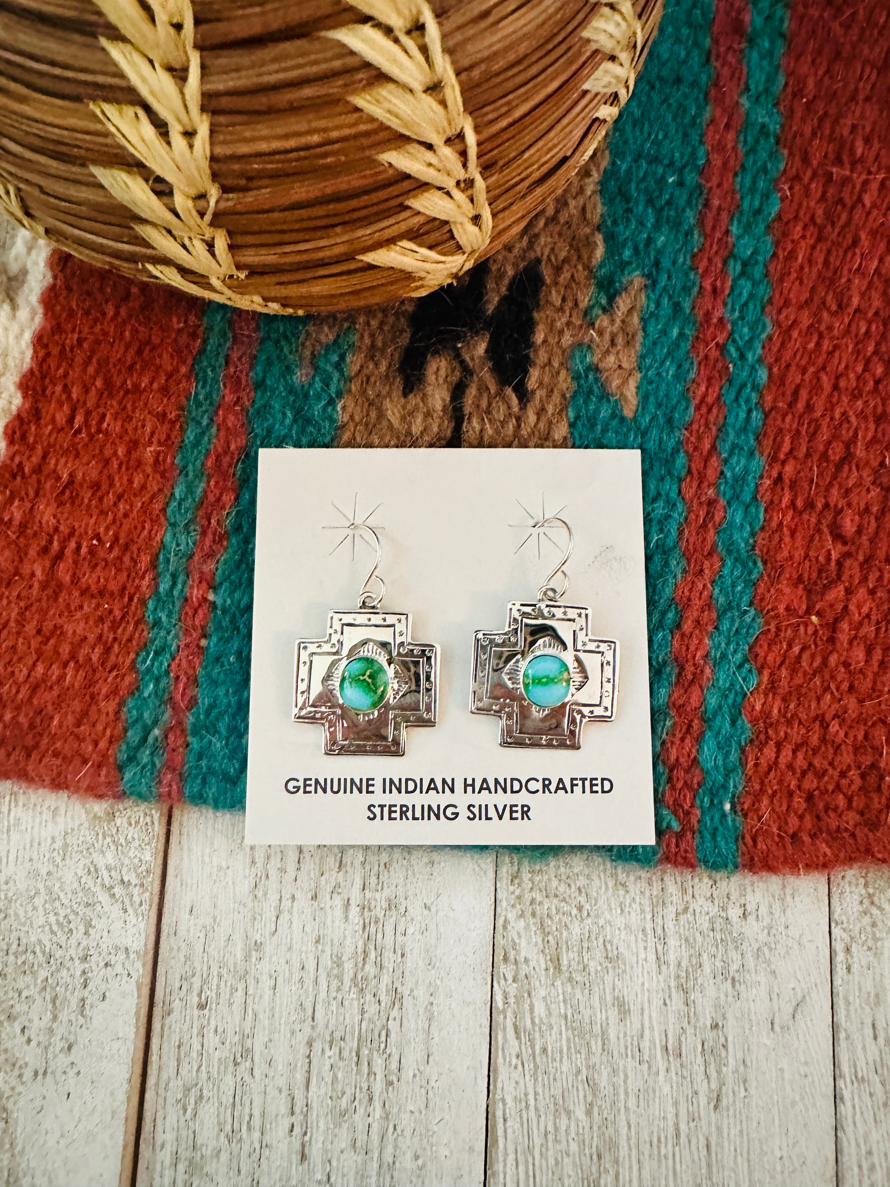 Navajo Sonoran Mountain Turquoise And Sterling Silver Cross Dangle Earrings