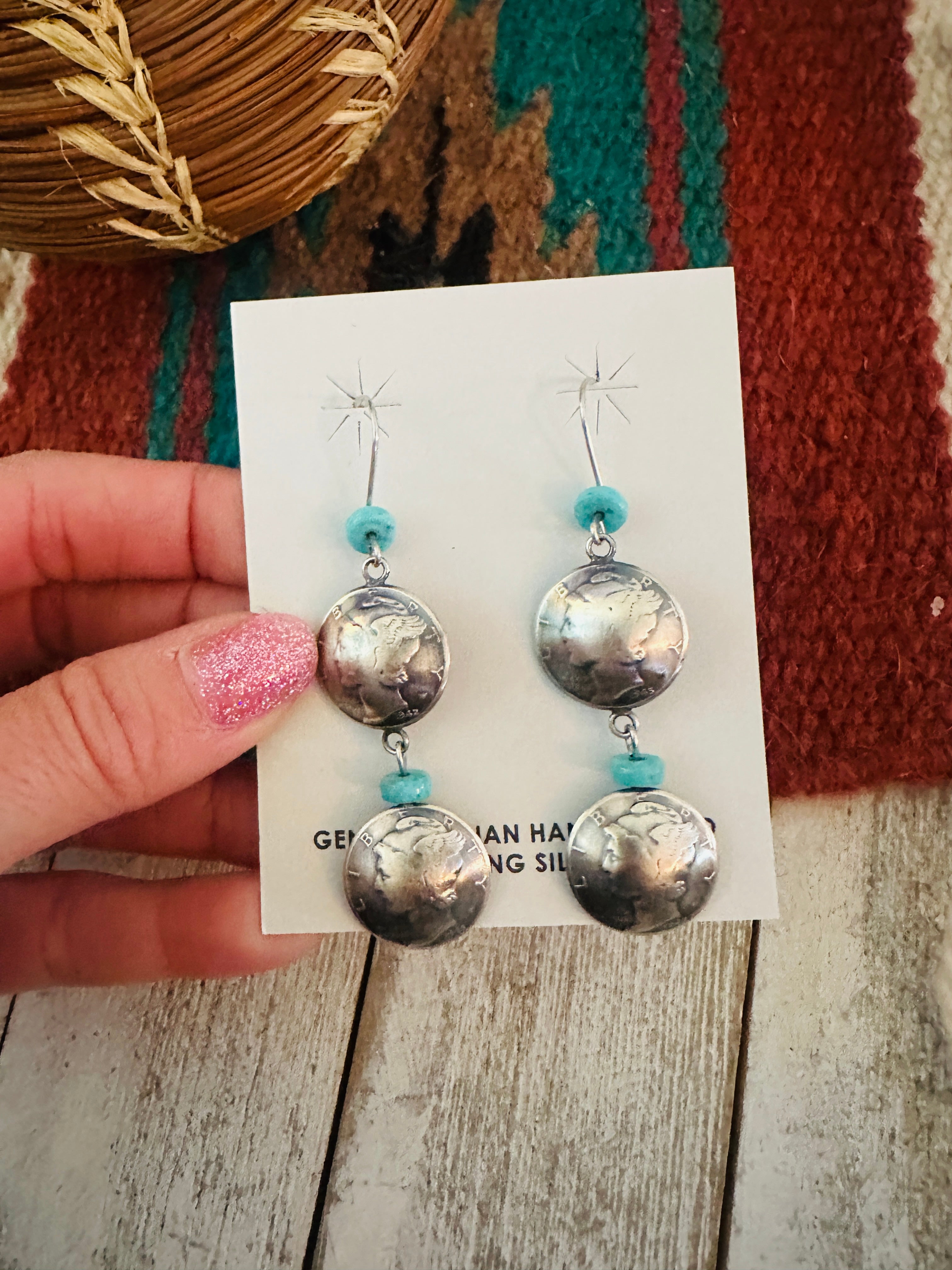 Navajo Turquoise & Sterling Silver  Liberty Dime Dangle Earrings