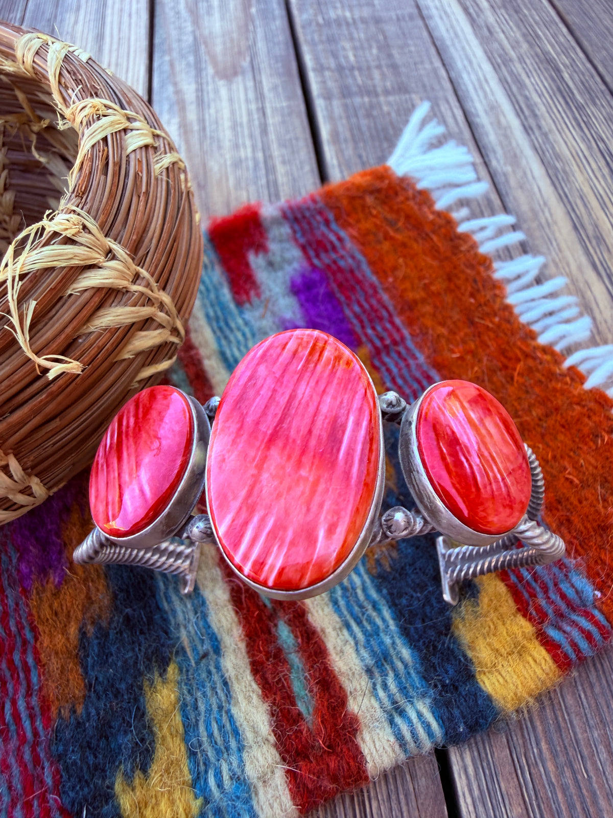 Handcrafted Spiny Oyster & Sterling Silver Cuff Bracelet by Patrick Yazzie